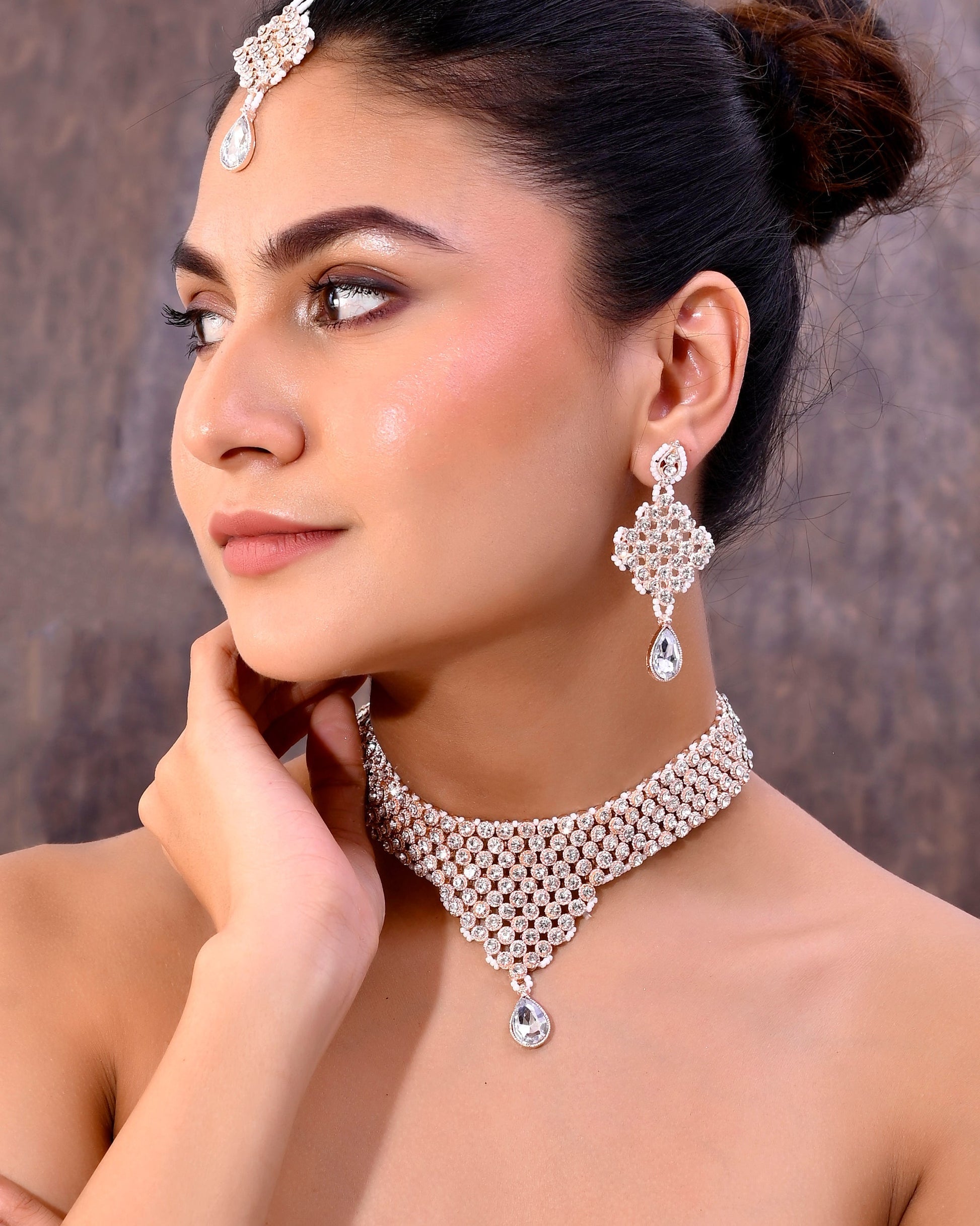 VOJ Silver Plated Party Wear AD Choker Necklace Jewellery Set VOJ (Valley Of Jewellery)