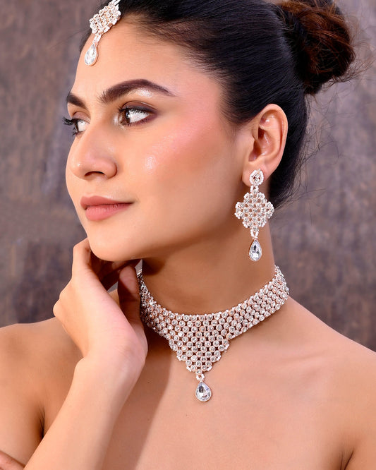 VOJ Silver Plated Party Wear AD Choker Necklace Jewellery Set VOJ (Valley Of Jewellery)