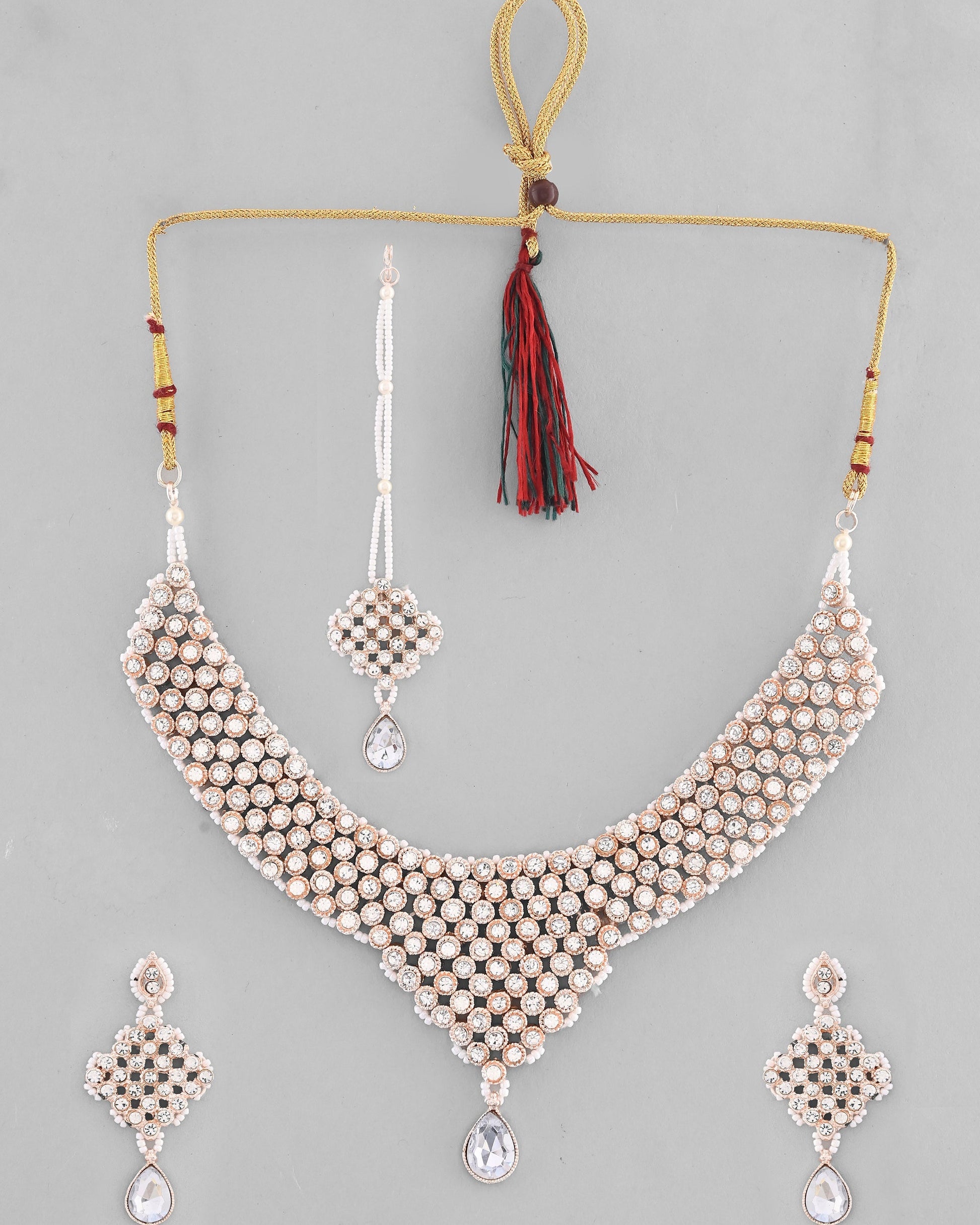 VOJ Silver Plated Party Wear AD Choker Necklace Jewellery Set VOJ (Valley Of Jewellery)