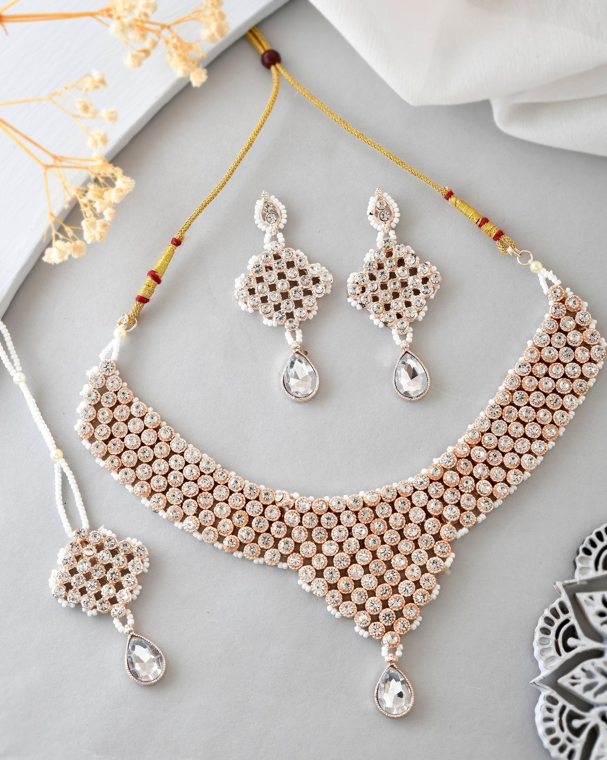 VOJ Silver Plated Party Wear AD Choker Necklace Jewellery Set VOJ (Valley Of Jewellery)