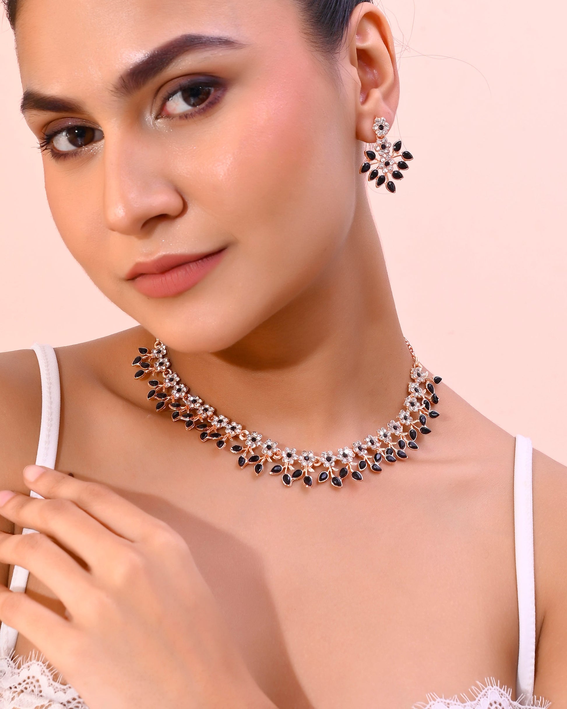 VOJ Gold-Polished Black & White Stone Studded Jewellery Set VOJ (Valley Of Jewellery)