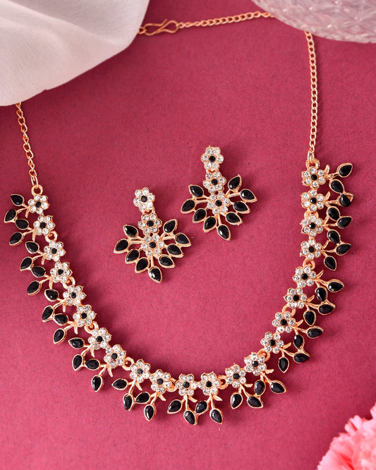 VOJ Gold-Polished Black & White Stone Studded Jewellery Set VOJ (Valley Of Jewellery)