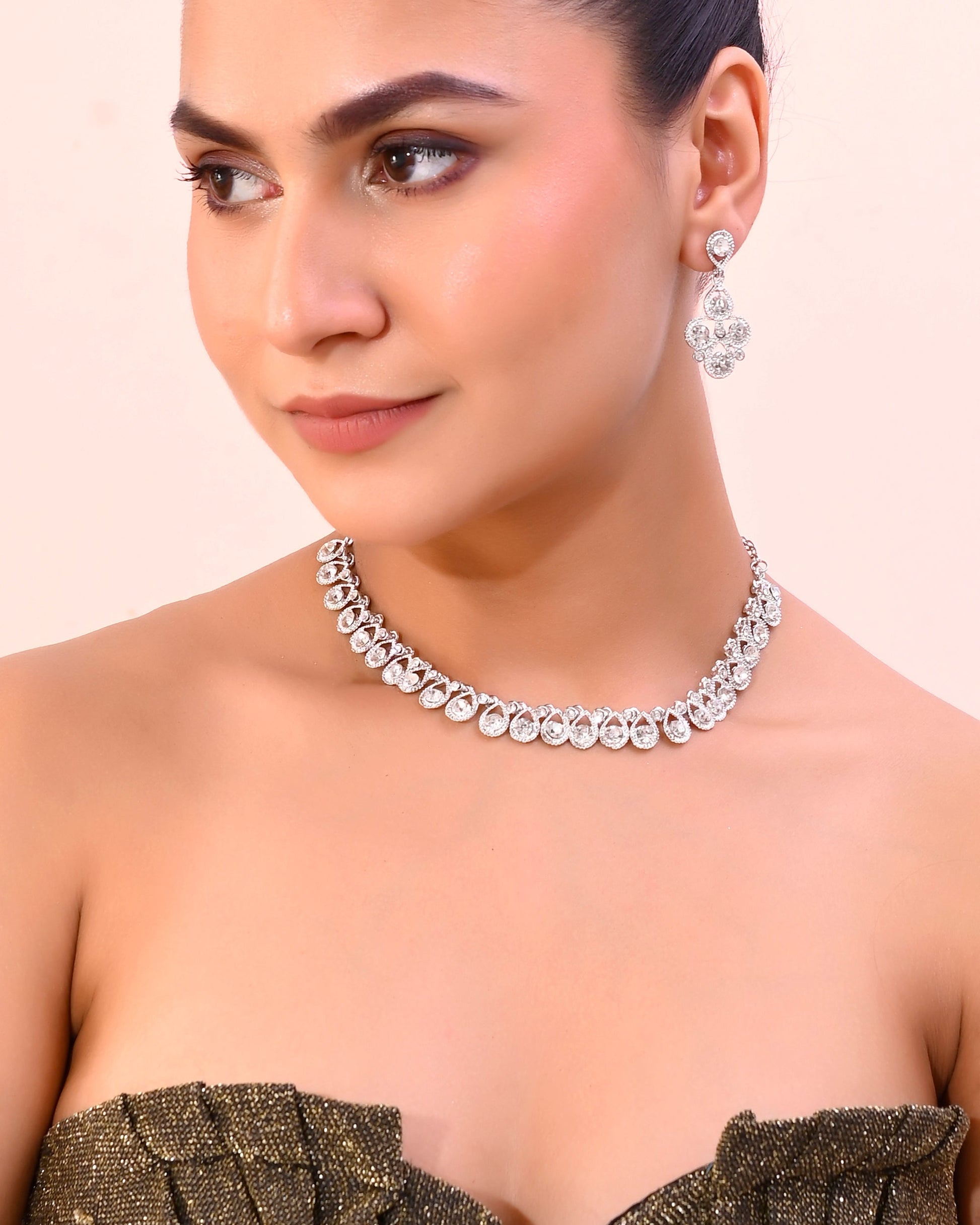 VOJ AD Stone Studded Silver Plated Necklace and Earrings Set VOJ (Valley Of Jewellery)