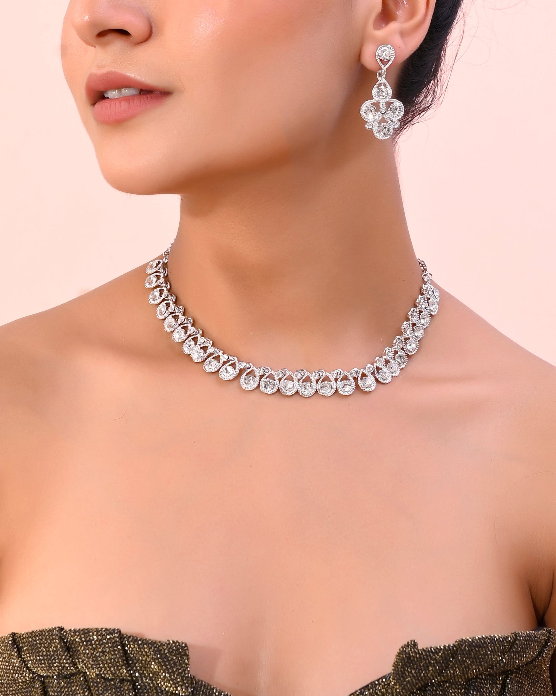 VOJ AD Stone Studded Silver Plated Necklace and Earrings Set VOJ (Valley Of Jewellery)