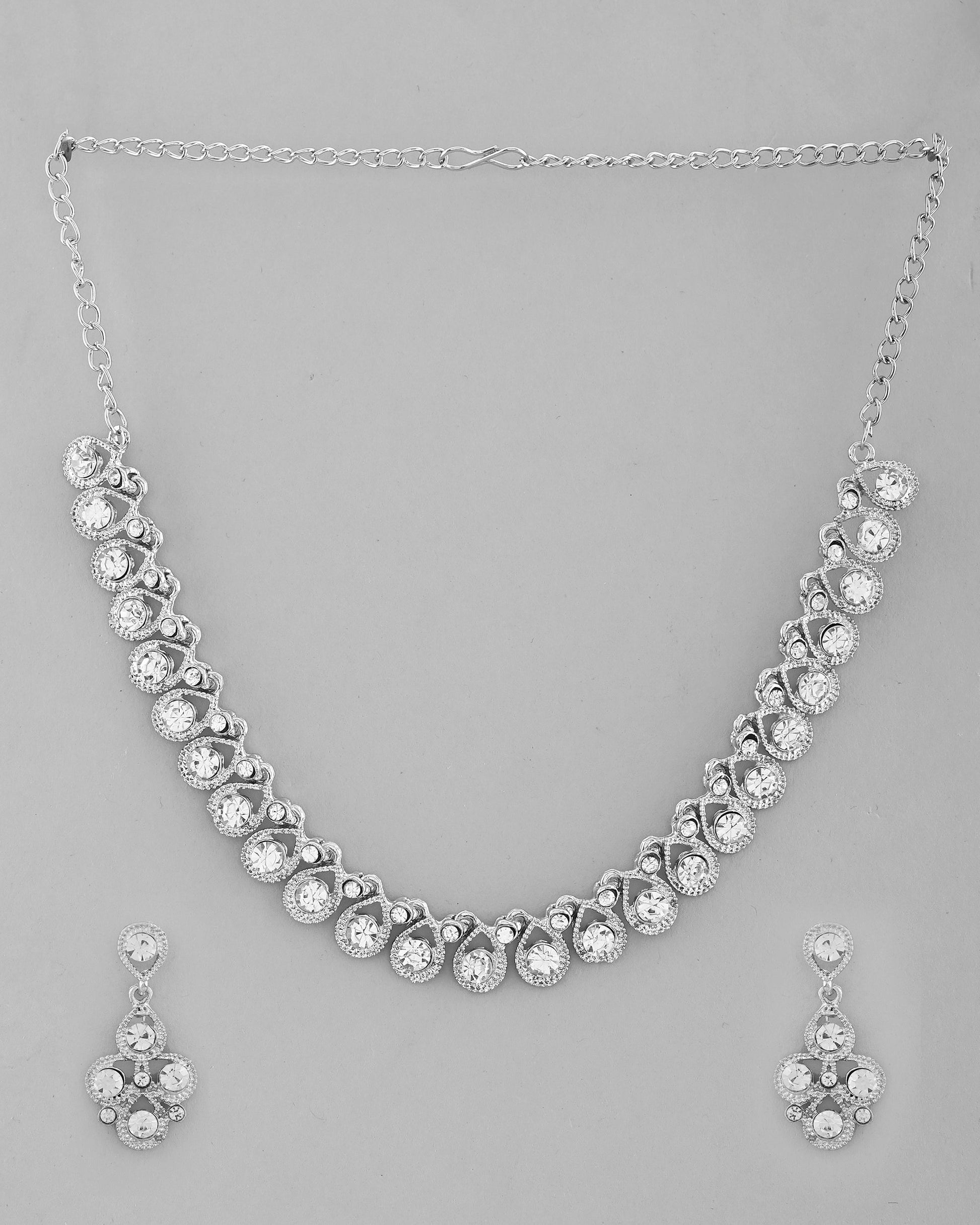 VOJ AD Stone Studded Silver Plated Necklace and Earrings Set VOJ (Valley Of Jewellery)