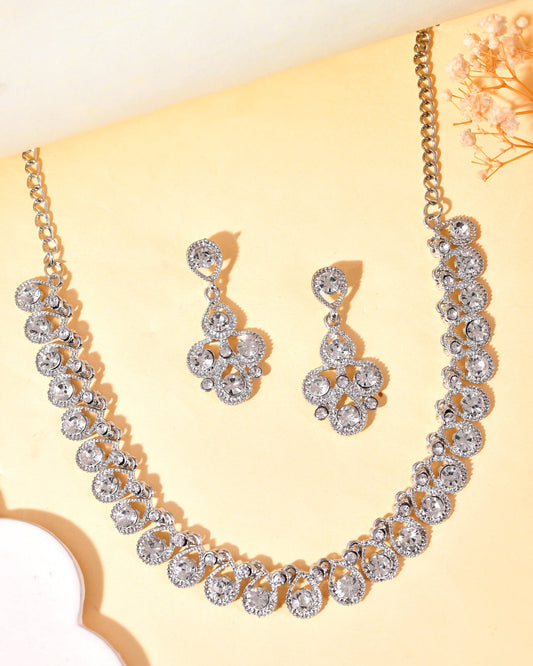 VOJ AD Stone Studded Silver Plated Necklace and Earrings Set VOJ (Valley Of Jewellery)