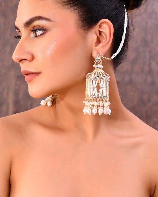 VOJ Gold-Polished Handcrafted Pearls Beaded ChandBali Earrings with Kan Chain VOJ (Valley Of Jewellery)