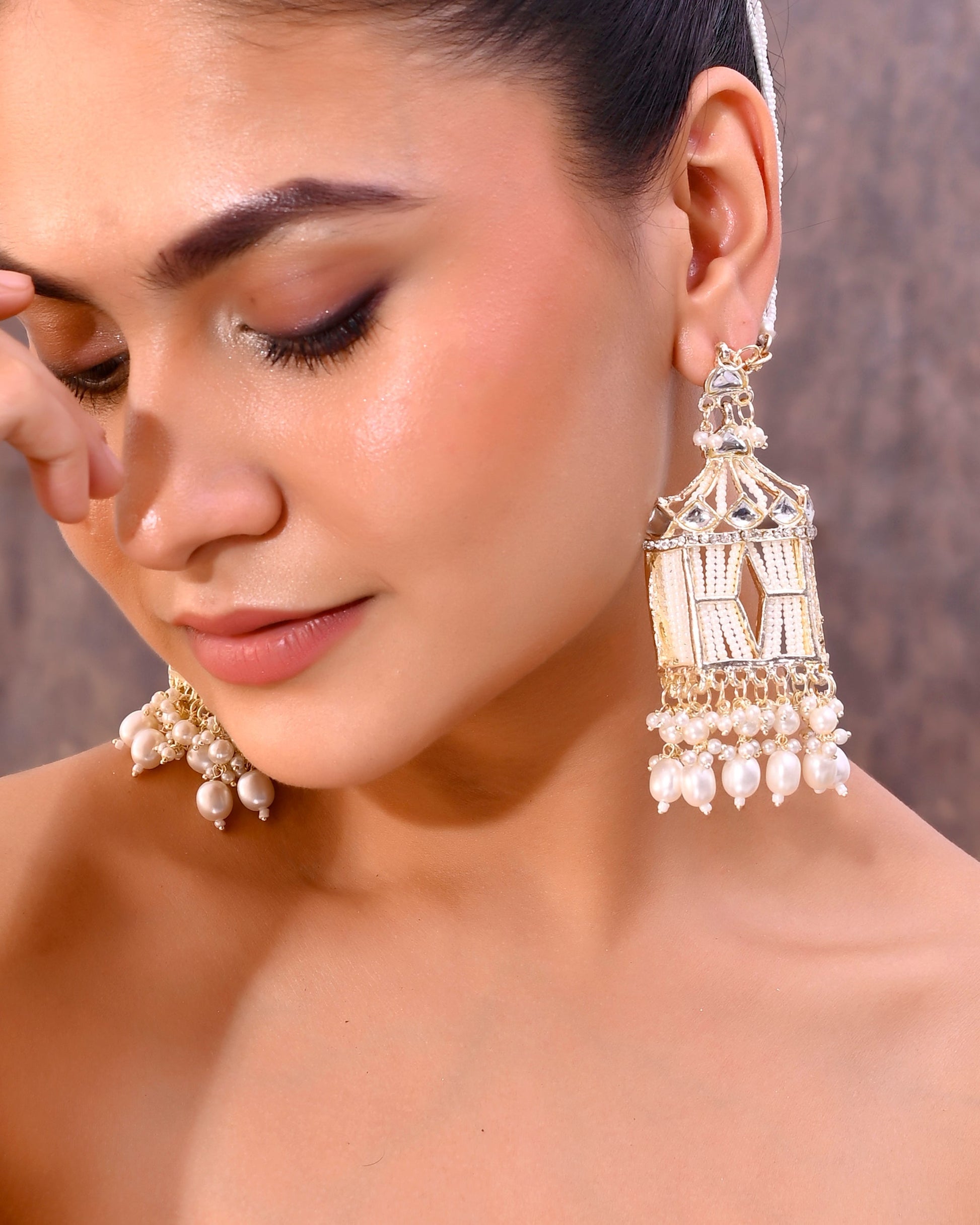 VOJ Gold-Polished Handcrafted Pearls Beaded ChandBali Earrings with Kan Chain VOJ (Valley Of Jewellery)