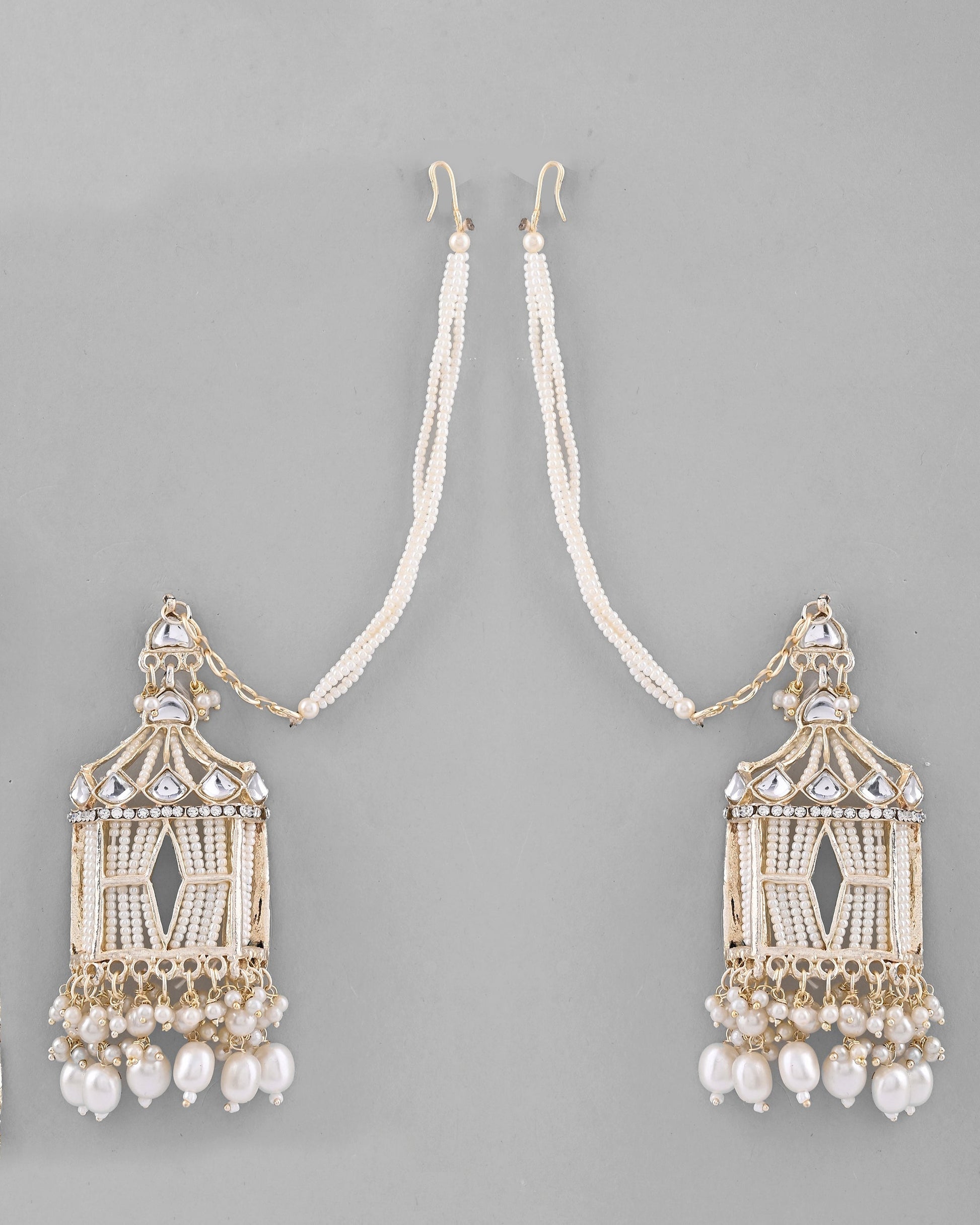 VOJ Gold-Polished Handcrafted Pearls Beaded ChandBali Earrings with Kan Chain VOJ (Valley Of Jewellery)