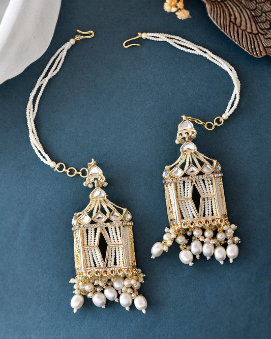 VOJ Gold-Polished Handcrafted Pearls Beaded ChandBali Earrings with Kan Chain VOJ (Valley Of Jewellery)