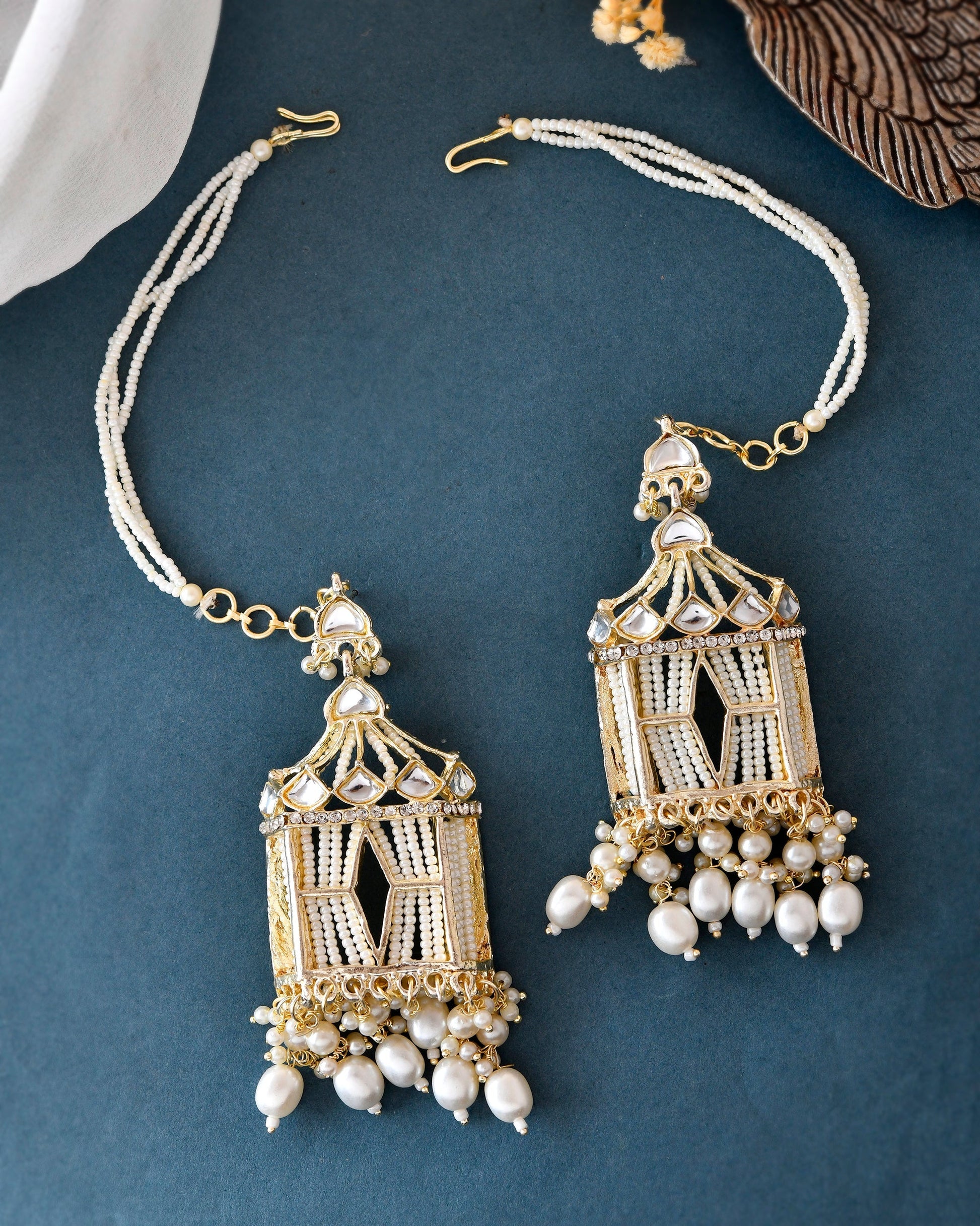 VOJ Gold-Polished Handcrafted Pearls Beaded ChandBali Earrings with Kan Chain - Swadesiicart