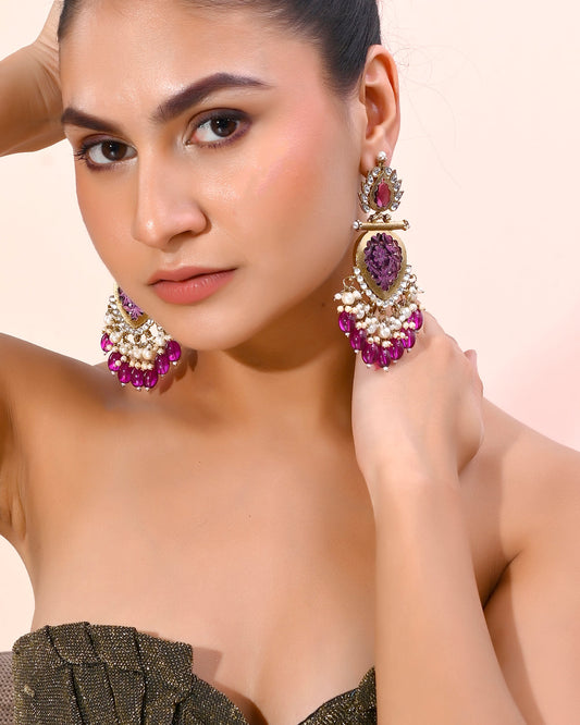 VOJ Gold-Polished Purple Colour Drop And Dangle Statement Earrings