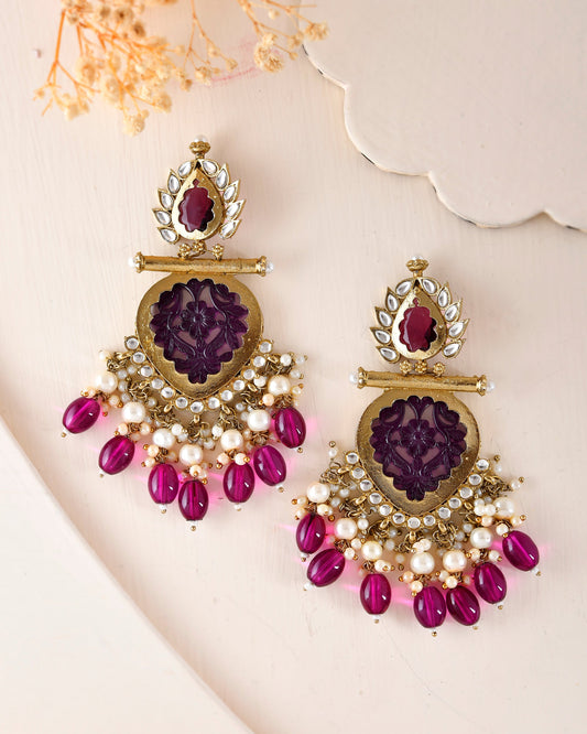 VOJ Gold-Polished Purple Colour Drop And Dangle Statement Earrings