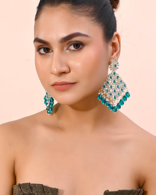 VOJ Traditional Gold-Polished Green & White AD Stone Statement Earrings