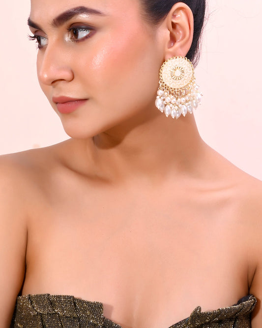 VOJ Gold-Polished White circular Earrings With Pearls