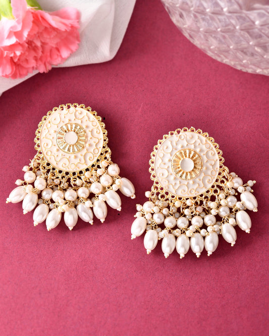 VOJ Gold-Polished White circular Earrings With Pearls