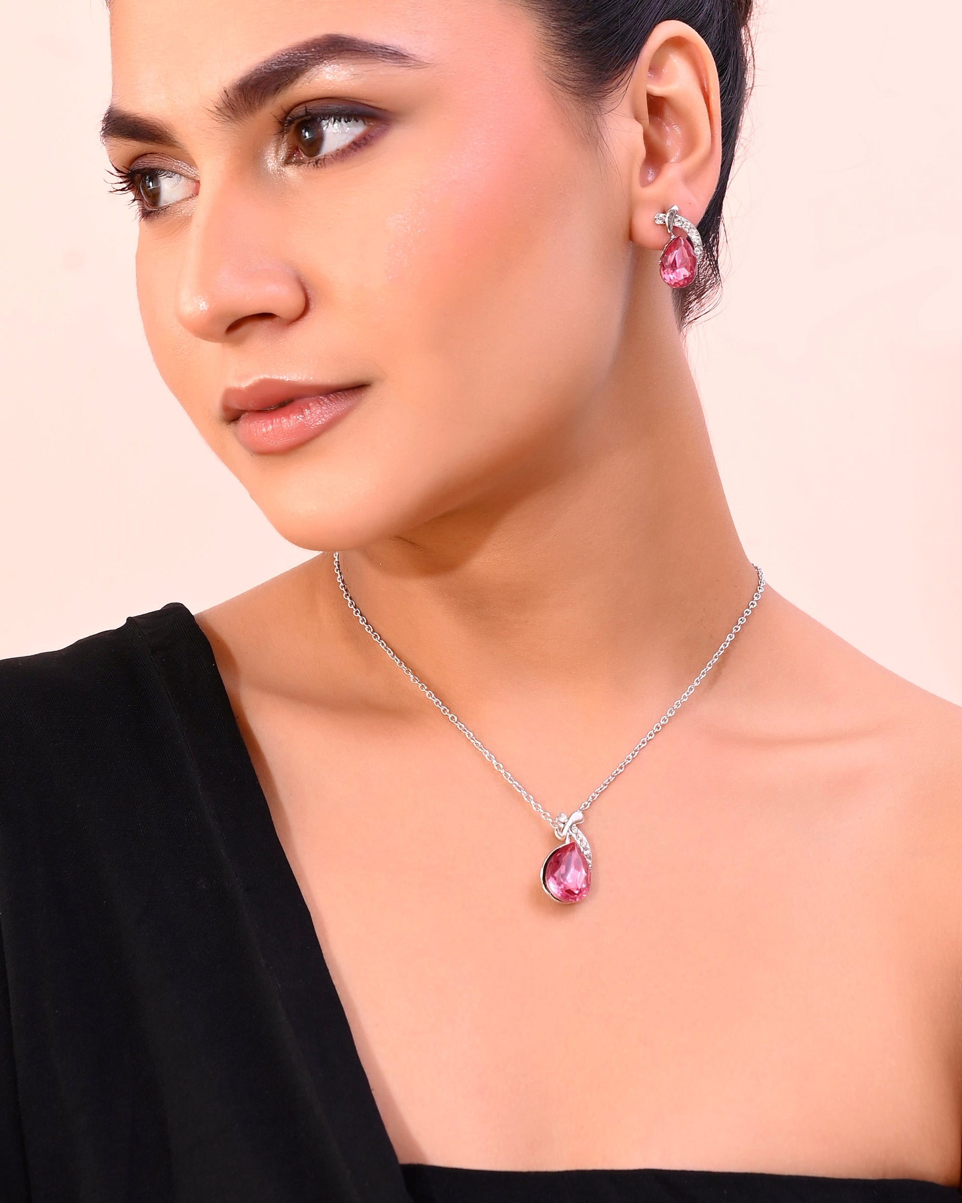 VOJ Silver Plated Chan with Pink and White AD stone Studded Pendant and Earrings Set VOJ (Valley Of Jewellery)