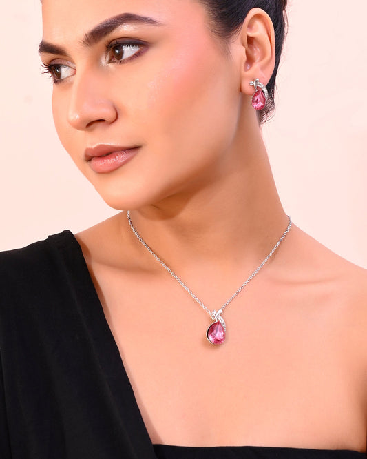 VOJ Silver Plated Chan with Pink and White AD stone Studded Pendant and Earrings Set VOJ (Valley Of Jewellery)