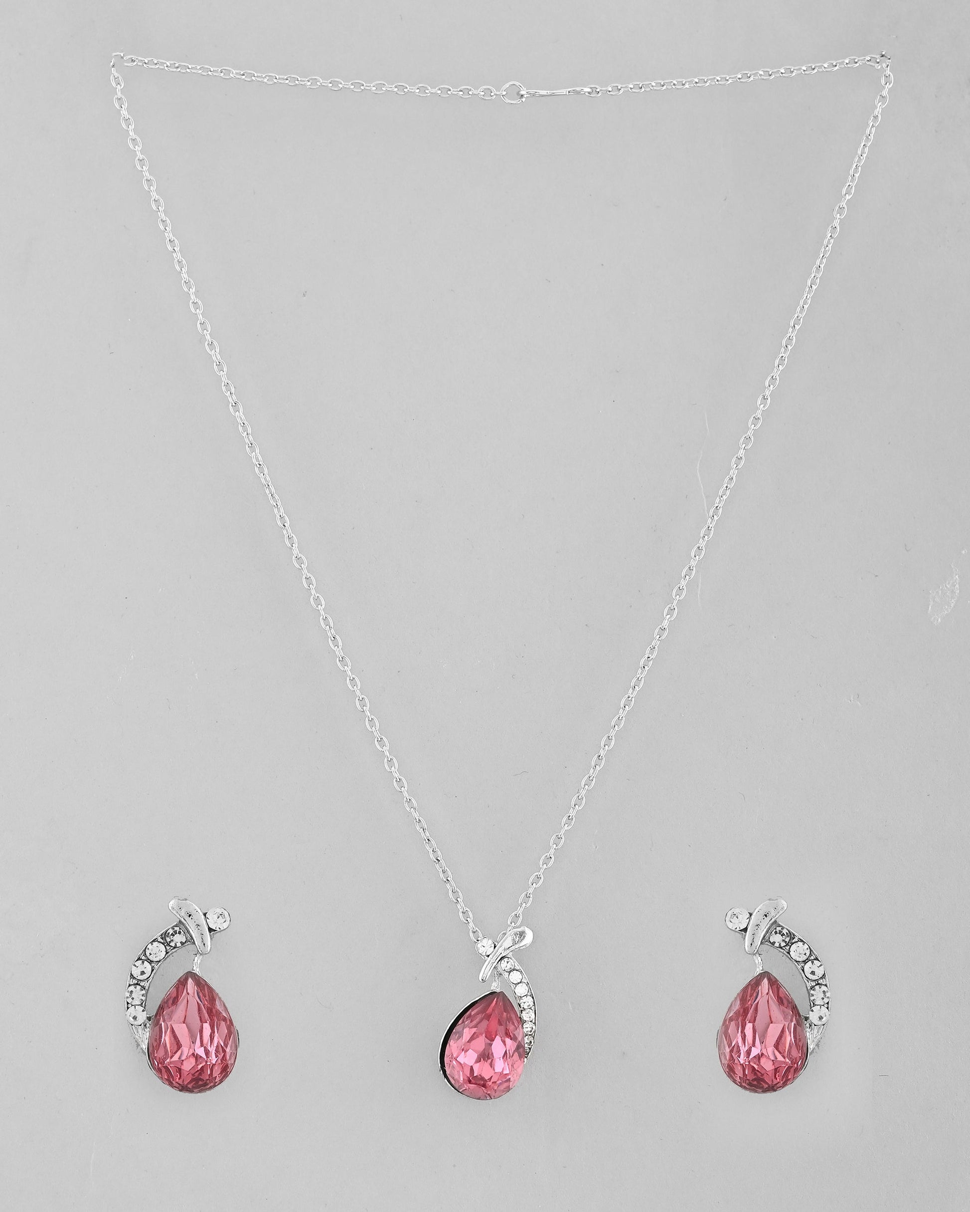 VOJ Silver Plated Chan with Pink and White AD stone Studded Pendant and Earrings Set VOJ (Valley Of Jewellery)