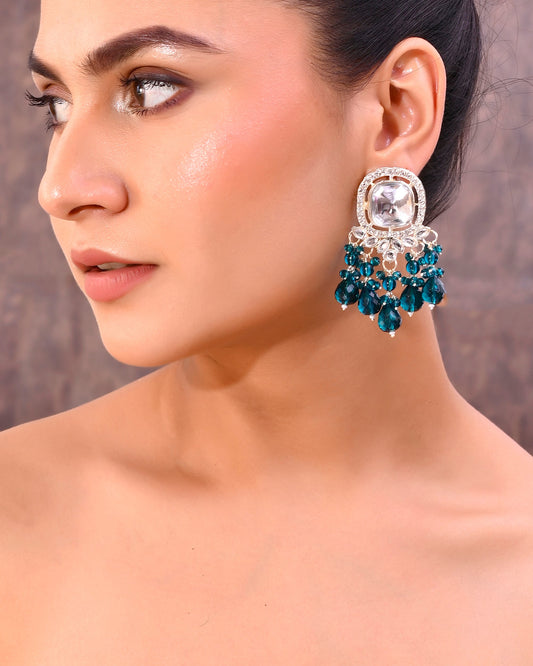 VOJ Silver Plated Kundan Earrings with Teal colour Pearls
