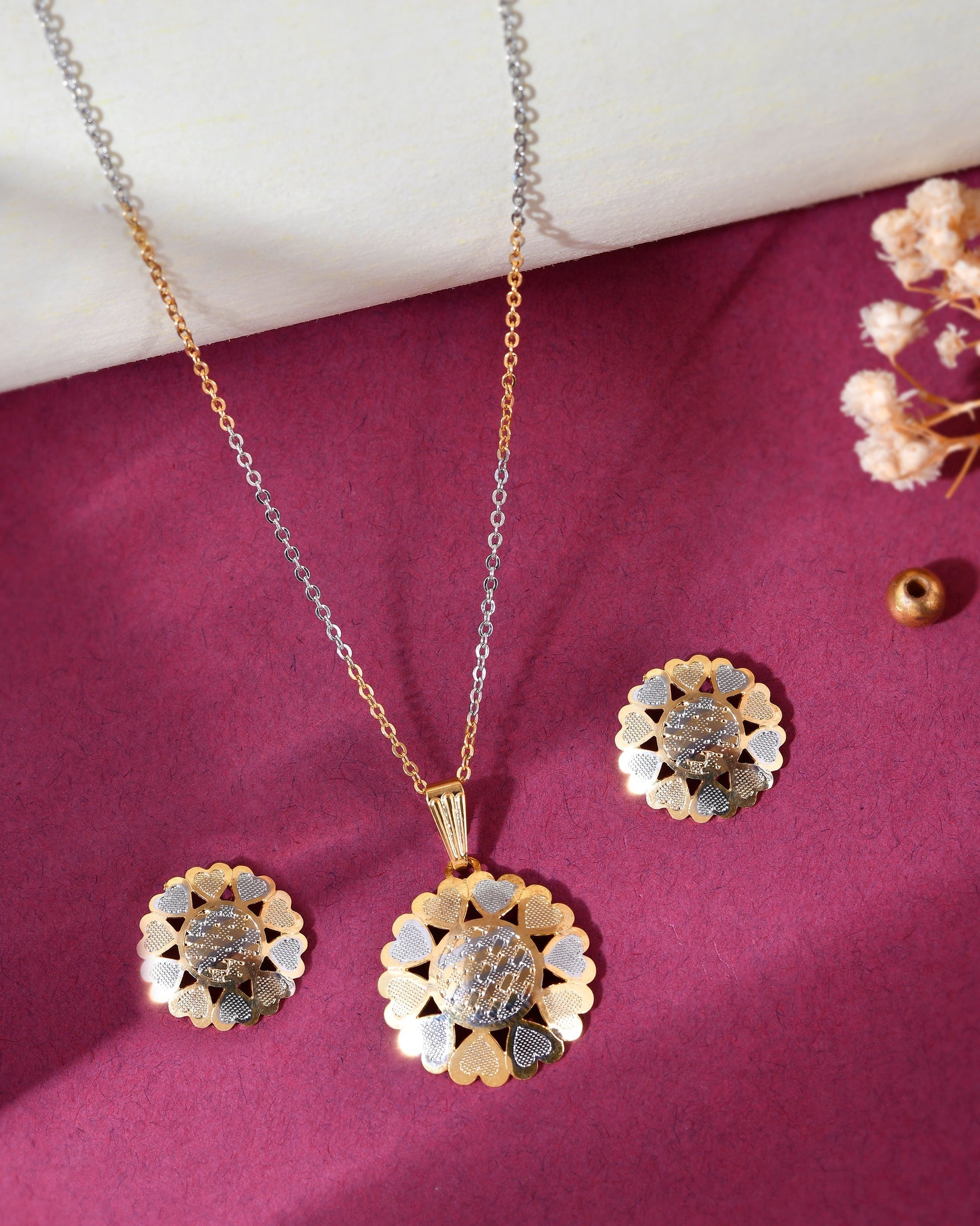 VOJ White and Yellow Gold-Polished Chain With Flower shaped Pandent And Flower shaped Earrings VOJ (Valley Of Jewellery)