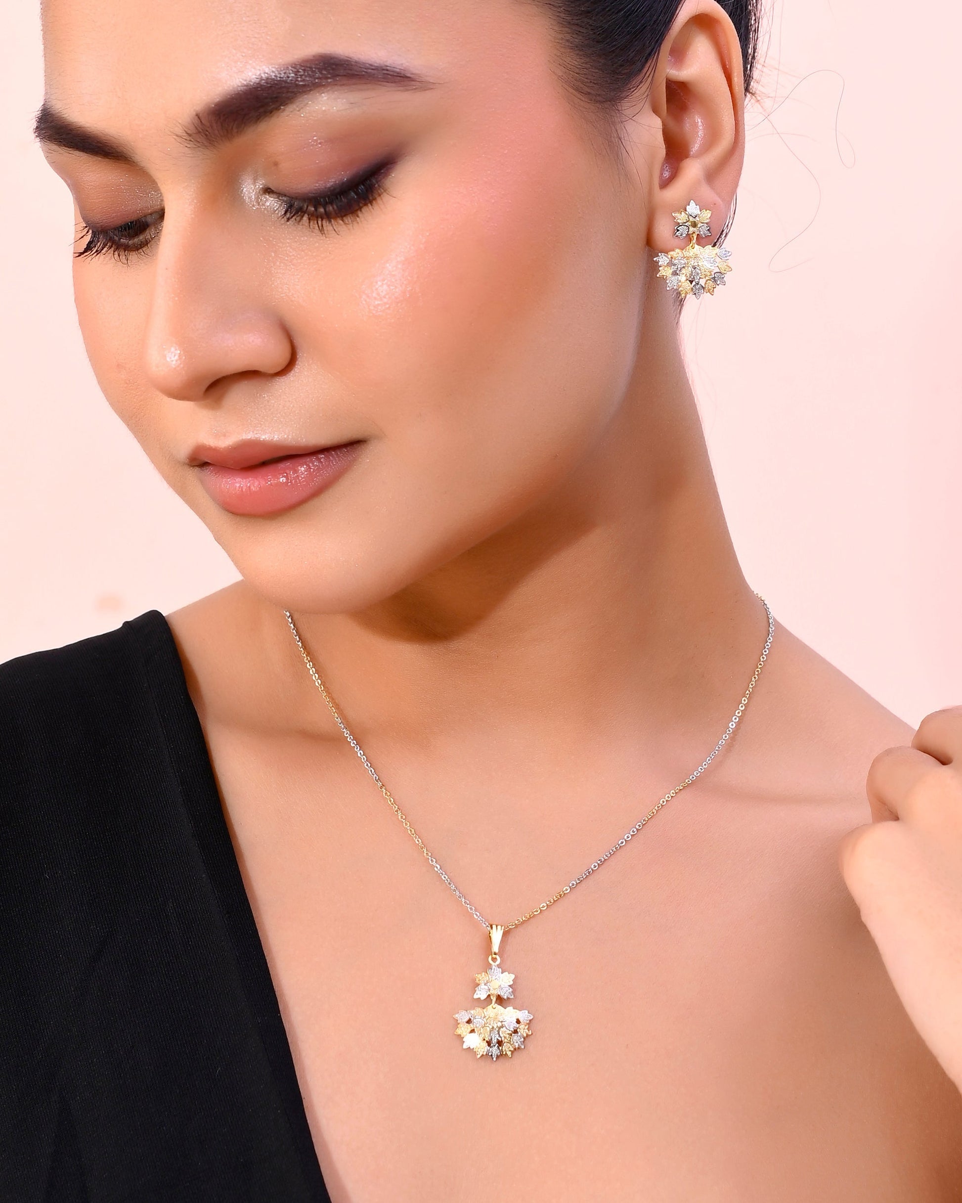 VOJ White and Yellow Gold-Polished Chain With Leaf shaped Pandent And Leaf shaped Earrings - Swadesiicart