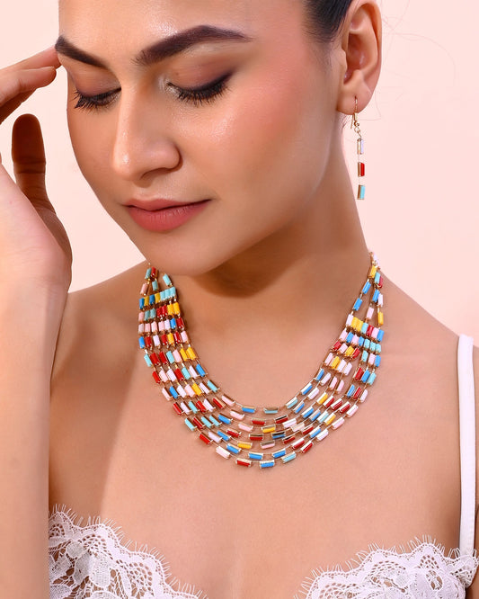 VOJ Multi Coloured Long Necklace With Earrings Set VOJ (Valley Of Jewellery)