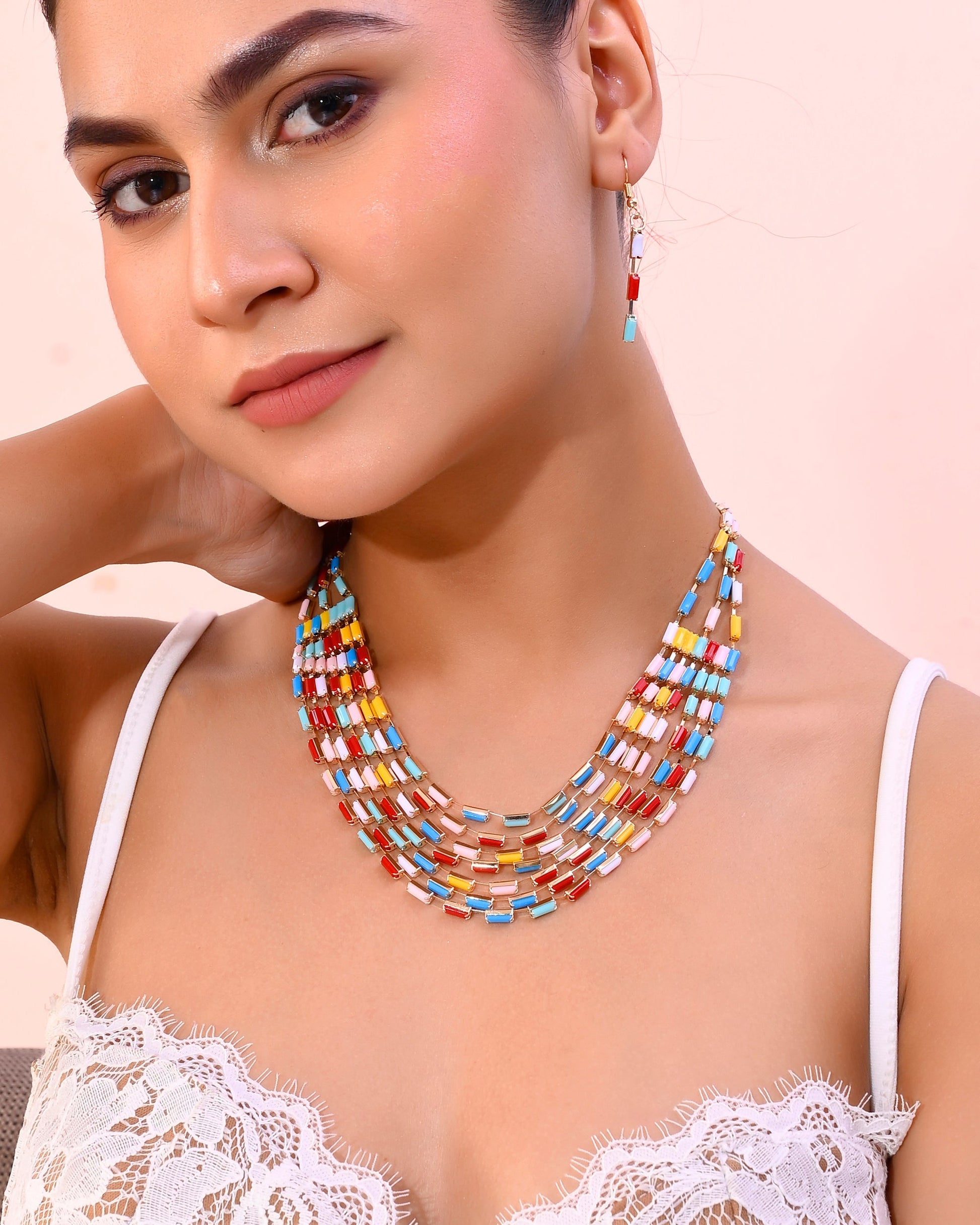 VOJ Multi Coloured Long Necklace With Earrings Set VOJ (Valley Of Jewellery)