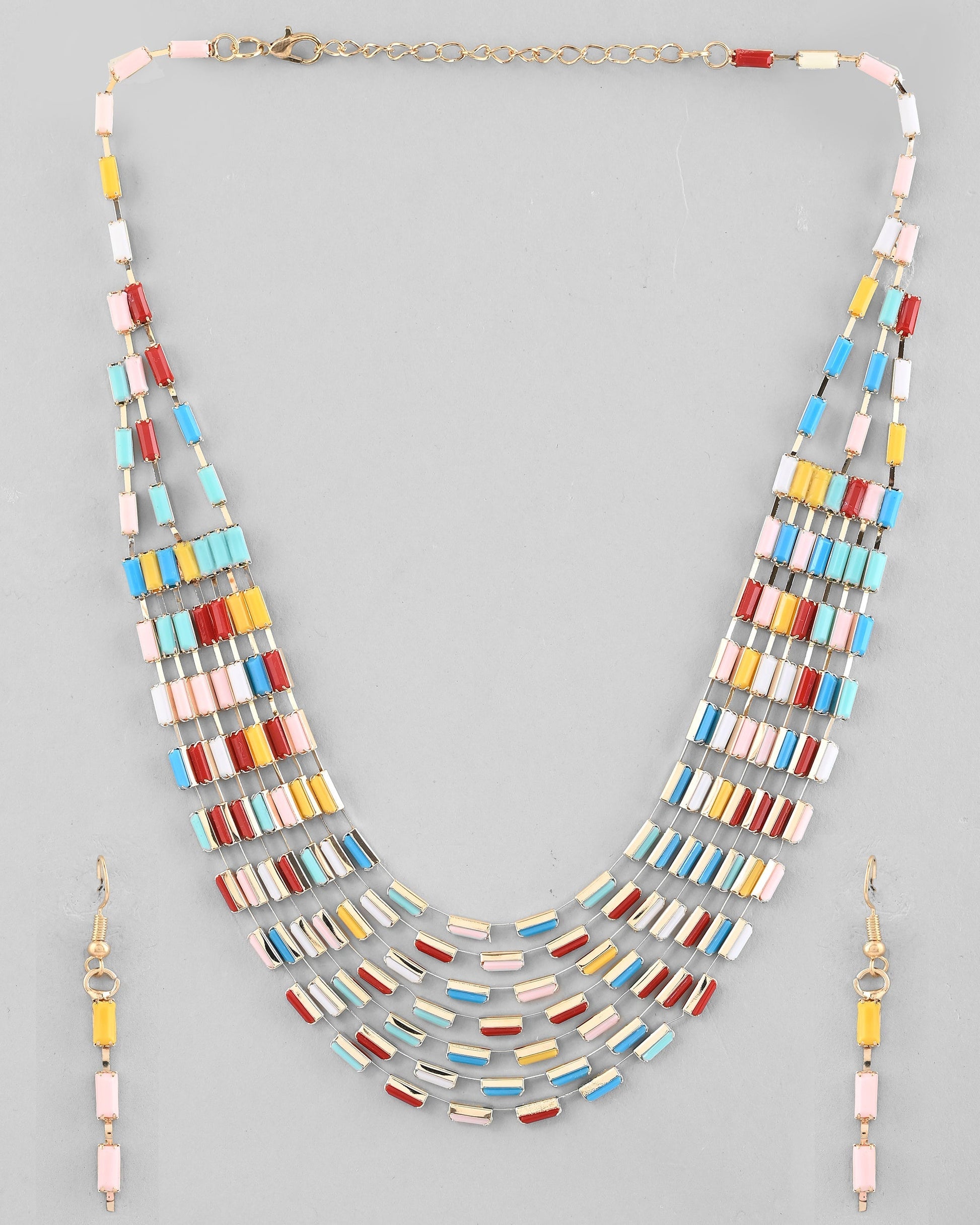 VOJ Multi Coloured Long Necklace With Earrings Set VOJ (Valley Of Jewellery)