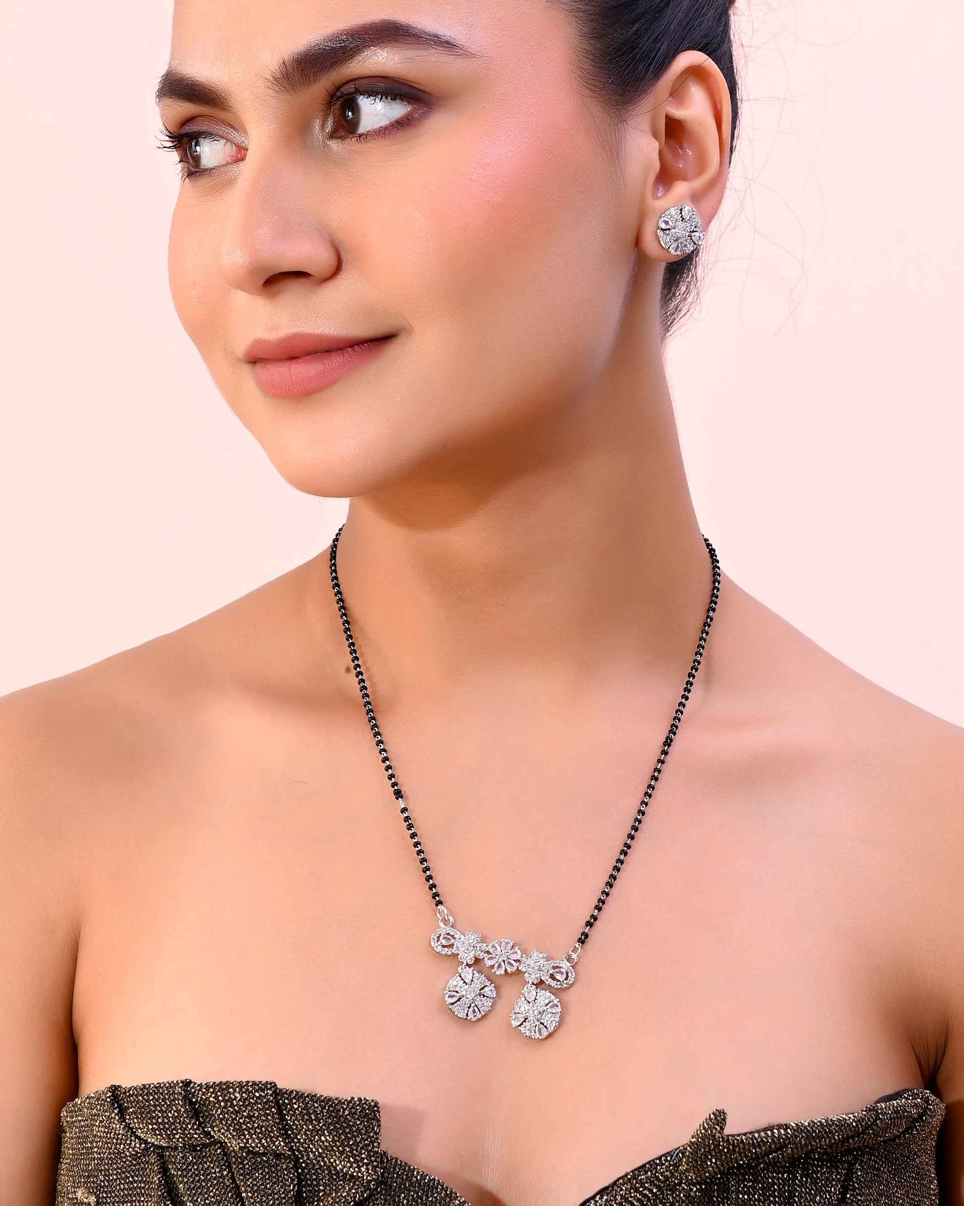 VOJ Silver-Plated Black Beaded & AD Studded Chain Mangalsutra Set 