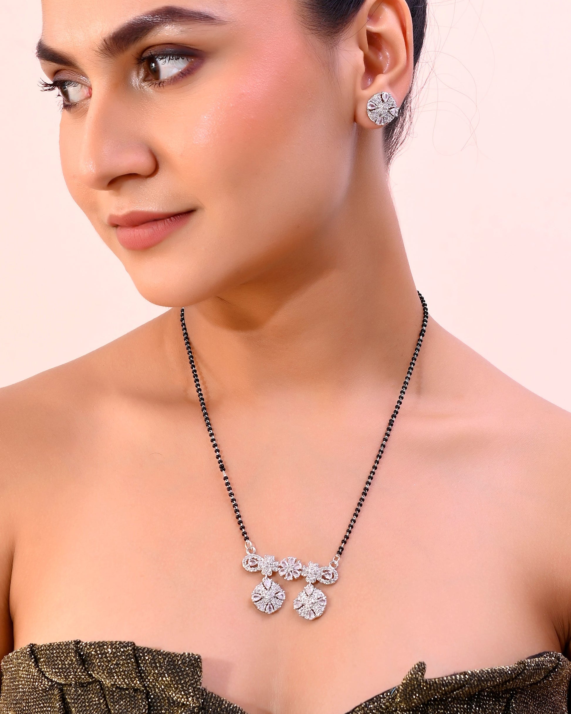 VOJ Silver-Plated Black Beaded & AD Studded Chain Mangalsutra Set 