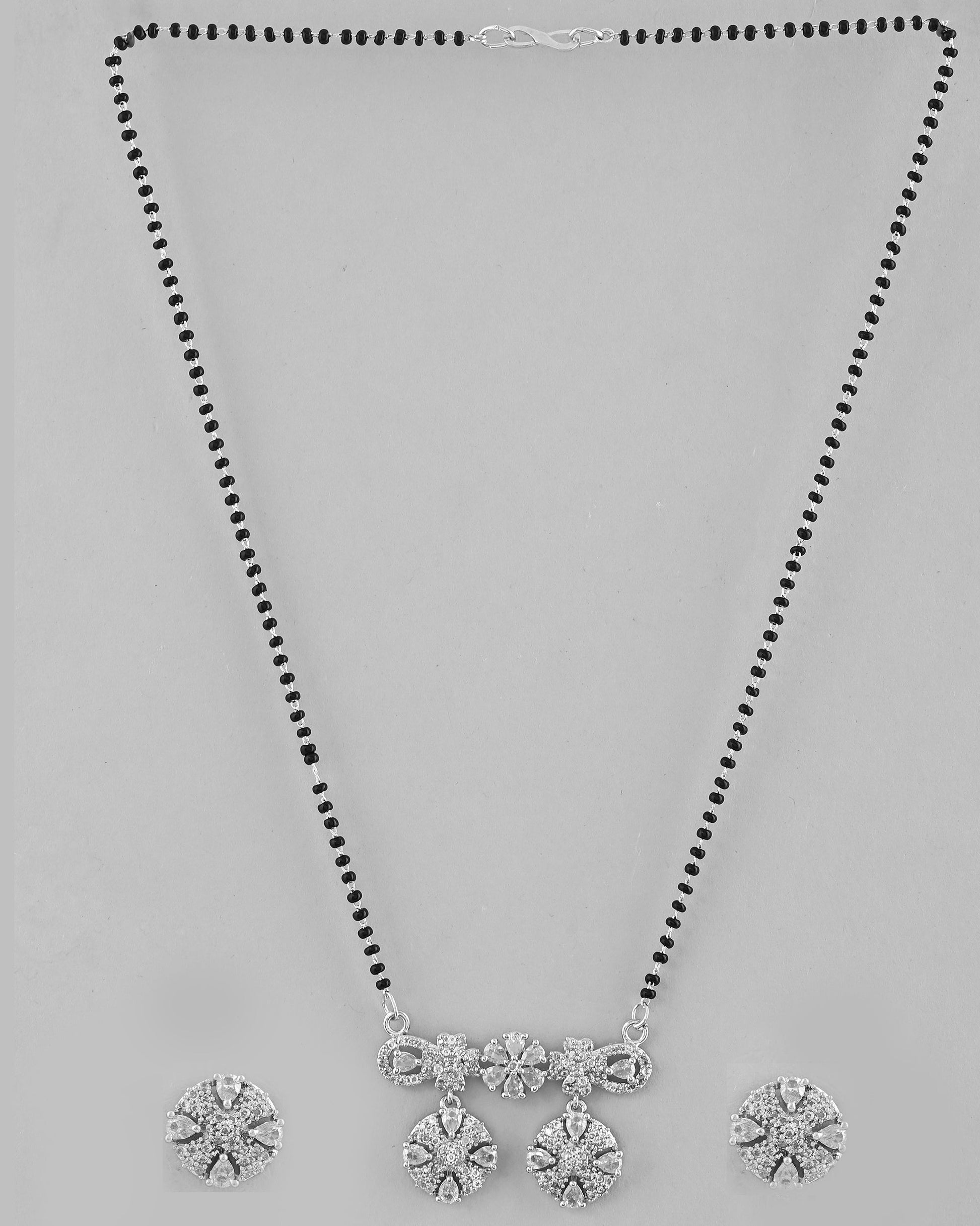 VOJ Silver-Plated Black Beaded & AD Studded Chain Mangalsutra Set 