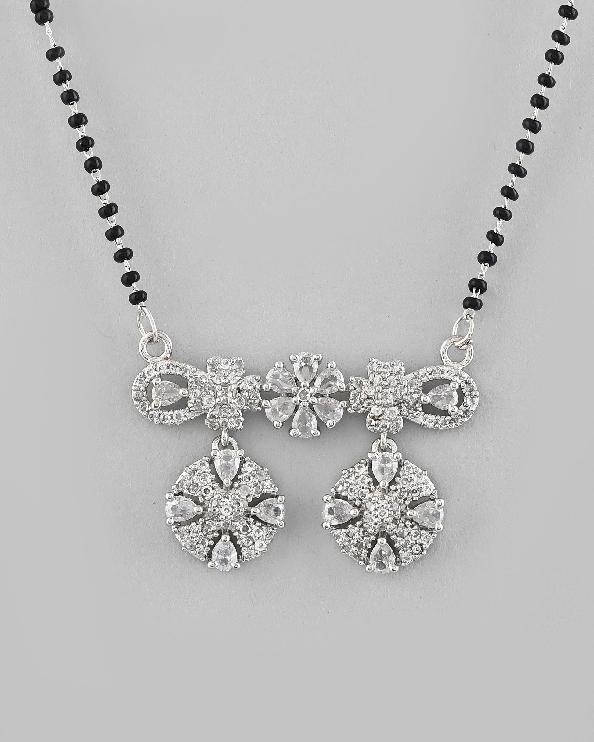 VOJ Silver-Plated Black Beaded & AD Studded Chain Mangalsutra Set 