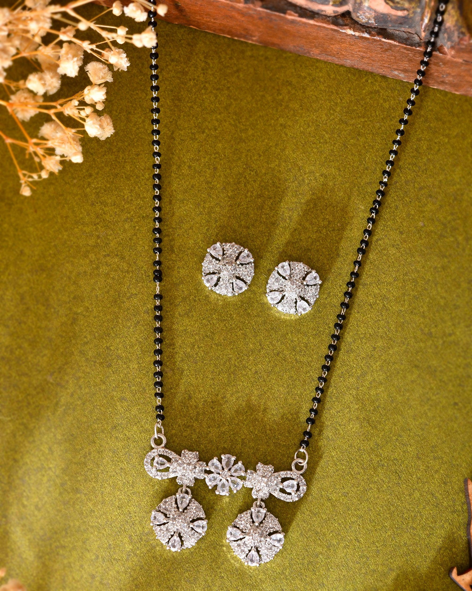 VOJ Silver-Plated Black Beaded & AD Studded Chain Mangalsutra Set 