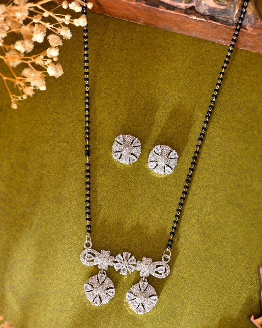 VOJ Silver-Plated Black Beaded & AD Studded Chain Mangalsutra Set 