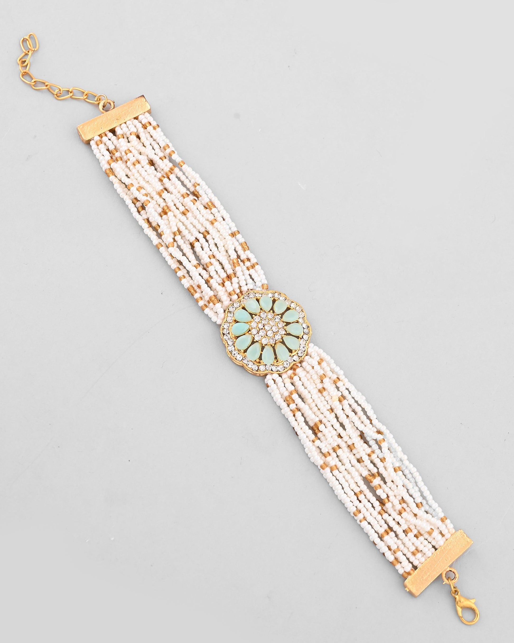 VOJ Gold-Polished Green Flower Studded And Beaded Mutli Layer Bracelet - Swadesiicart