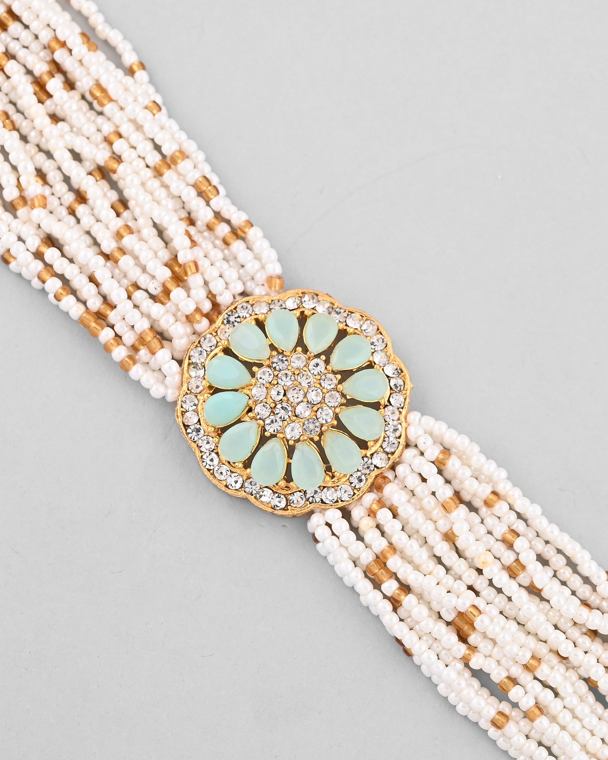 VOJ Gold-Polished Green Flower Studded And Beaded Mutli Layer Bracelet - Swadesiicart