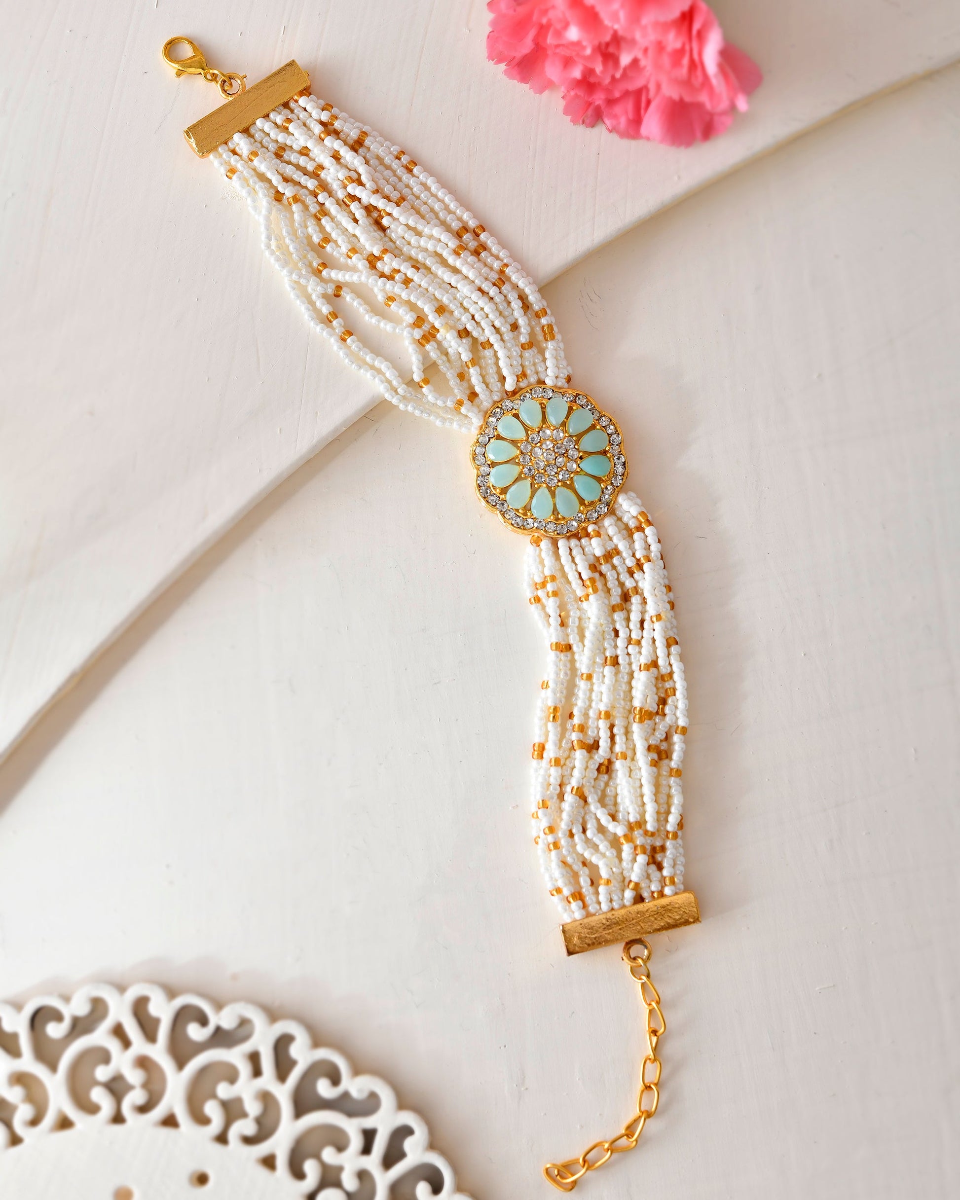 VOJ Gold-Polished Green Flower Studded And Beaded Mutli Layer Bracelet | Grab2Buy