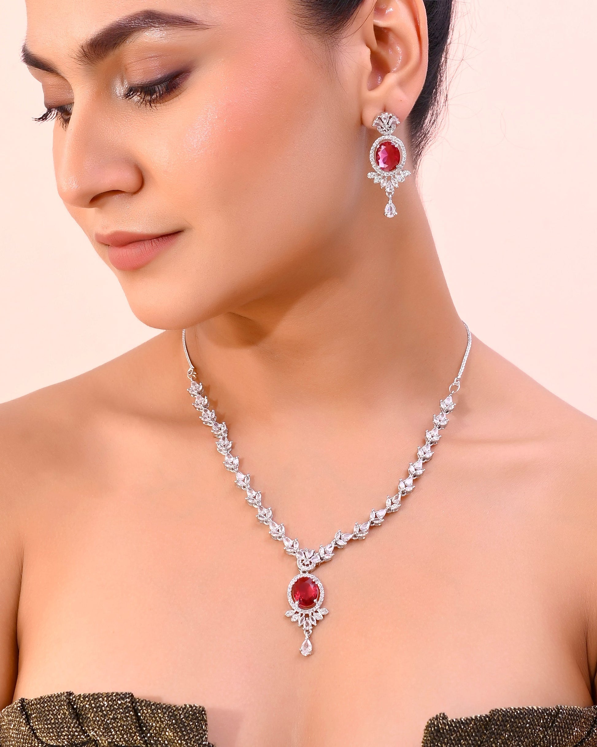 VOJ Silver-Plated White And Maroon Colour AD-Studded Jewellery Set VOJ (Valley Of Jewellery)