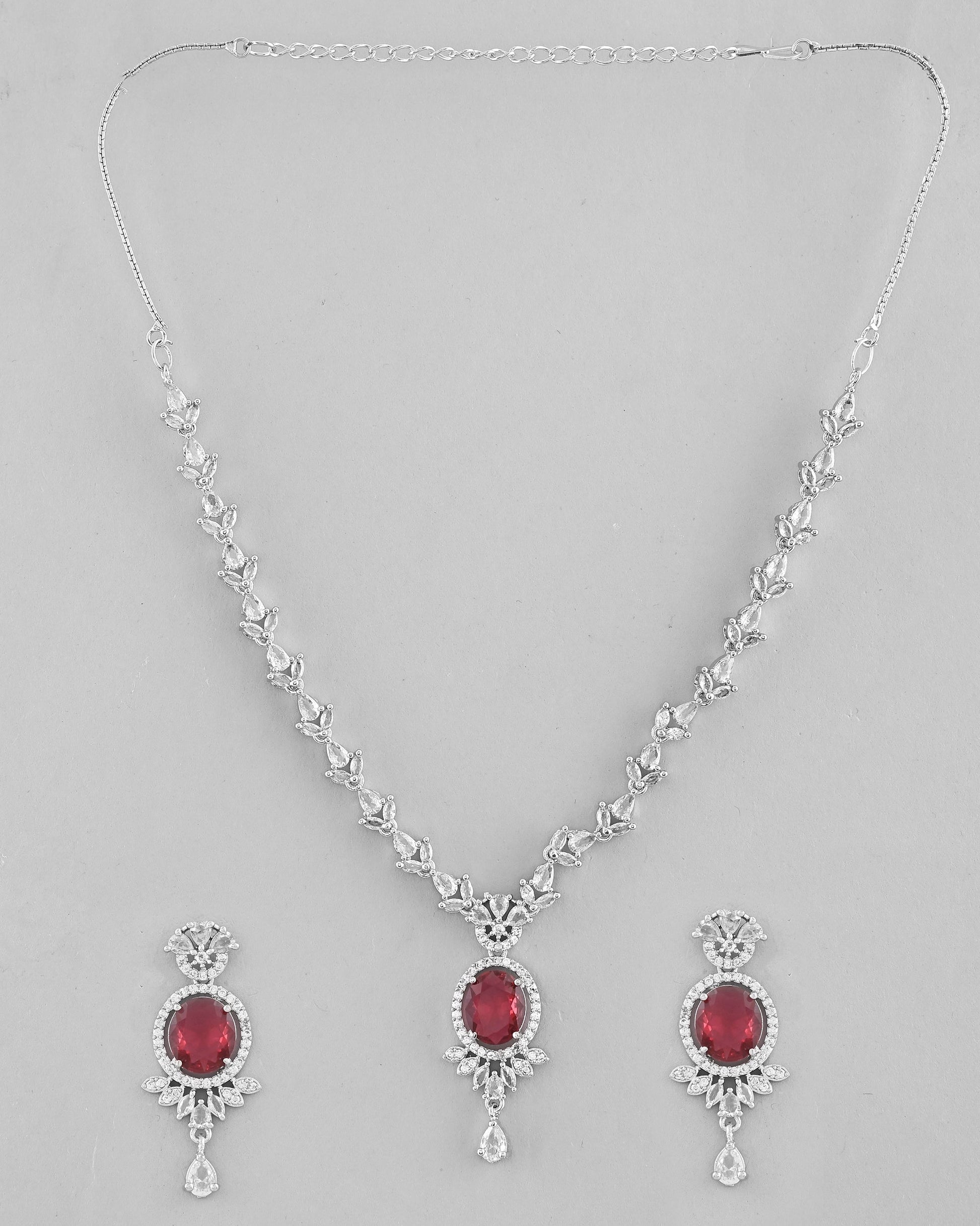 VOJ Silver-Plated White And Maroon Colour AD-Studded Jewellery Set VOJ (Valley Of Jewellery)