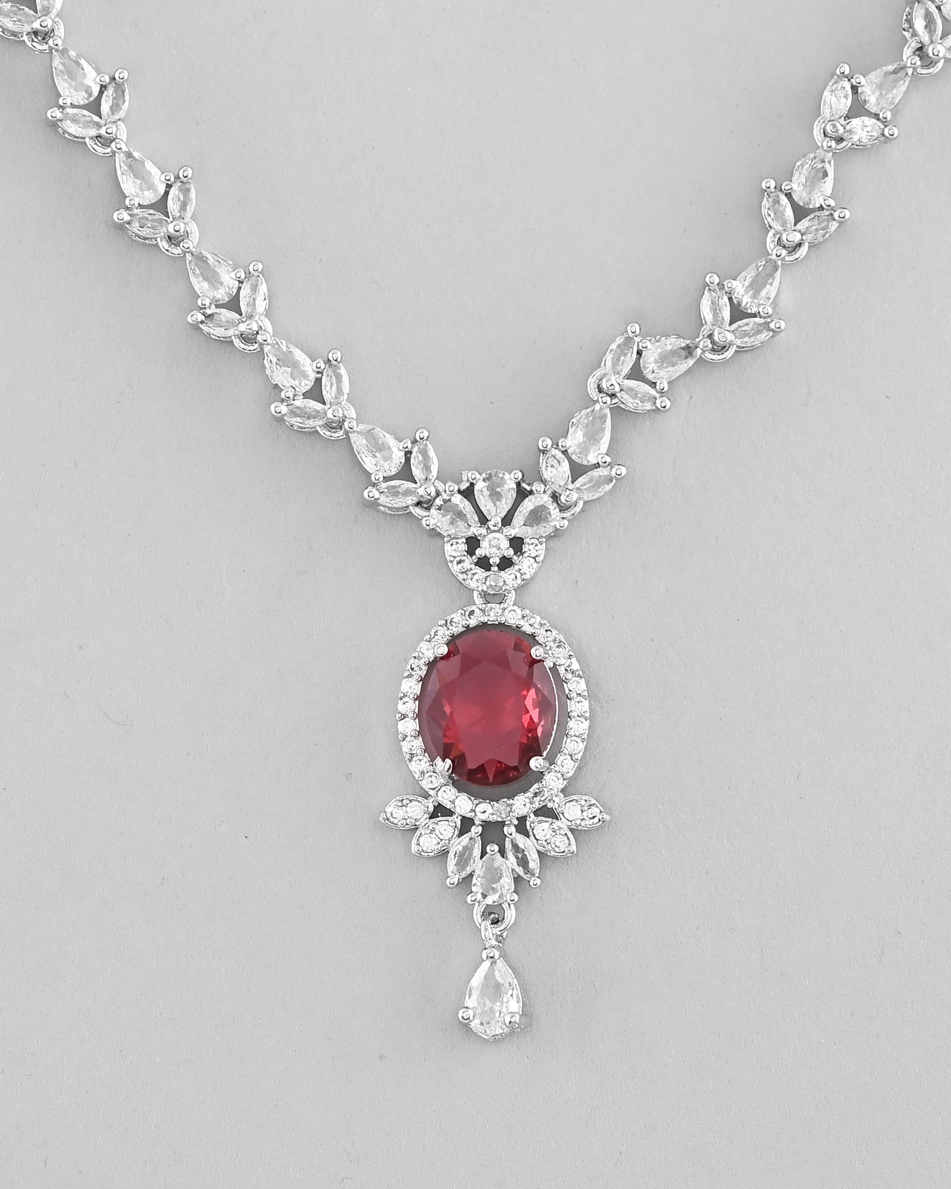 VOJ Silver-Plated White And Maroon Colour AD-Studded Jewellery Set VOJ (Valley Of Jewellery)