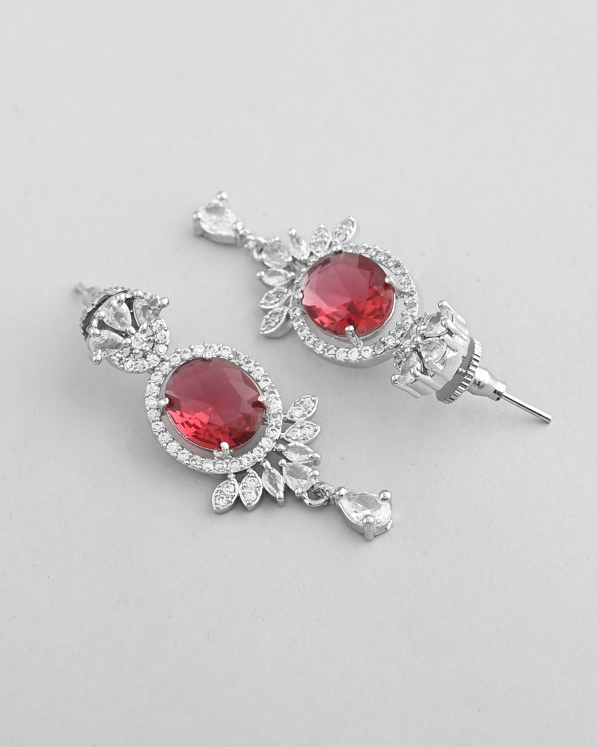 VOJ Silver-Plated White And Maroon Colour AD-Studded Jewellery Set VOJ (Valley Of Jewellery)