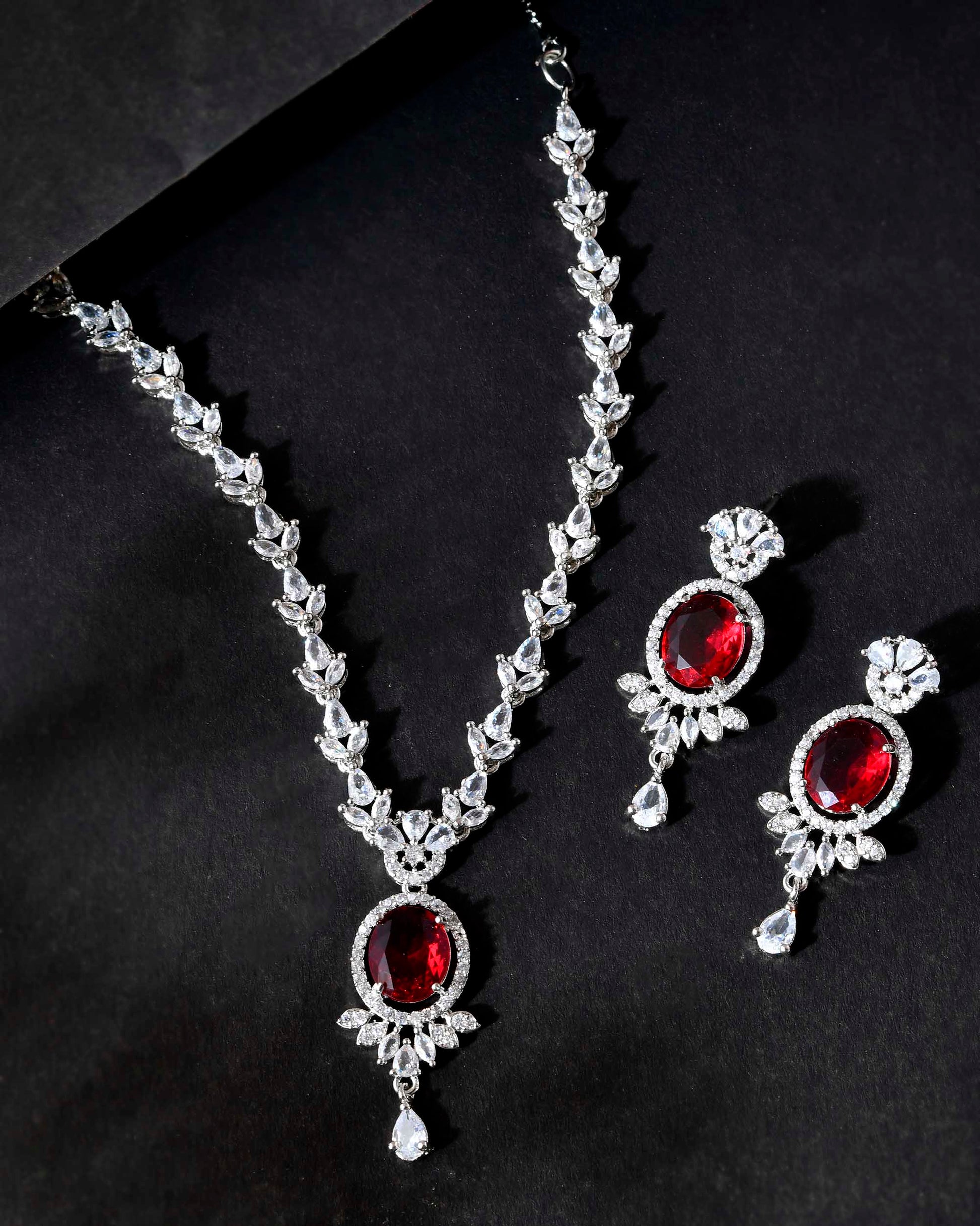 VOJ Silver-Plated White And Maroon Colour AD-Studded Jewellery Set VOJ (Valley Of Jewellery)