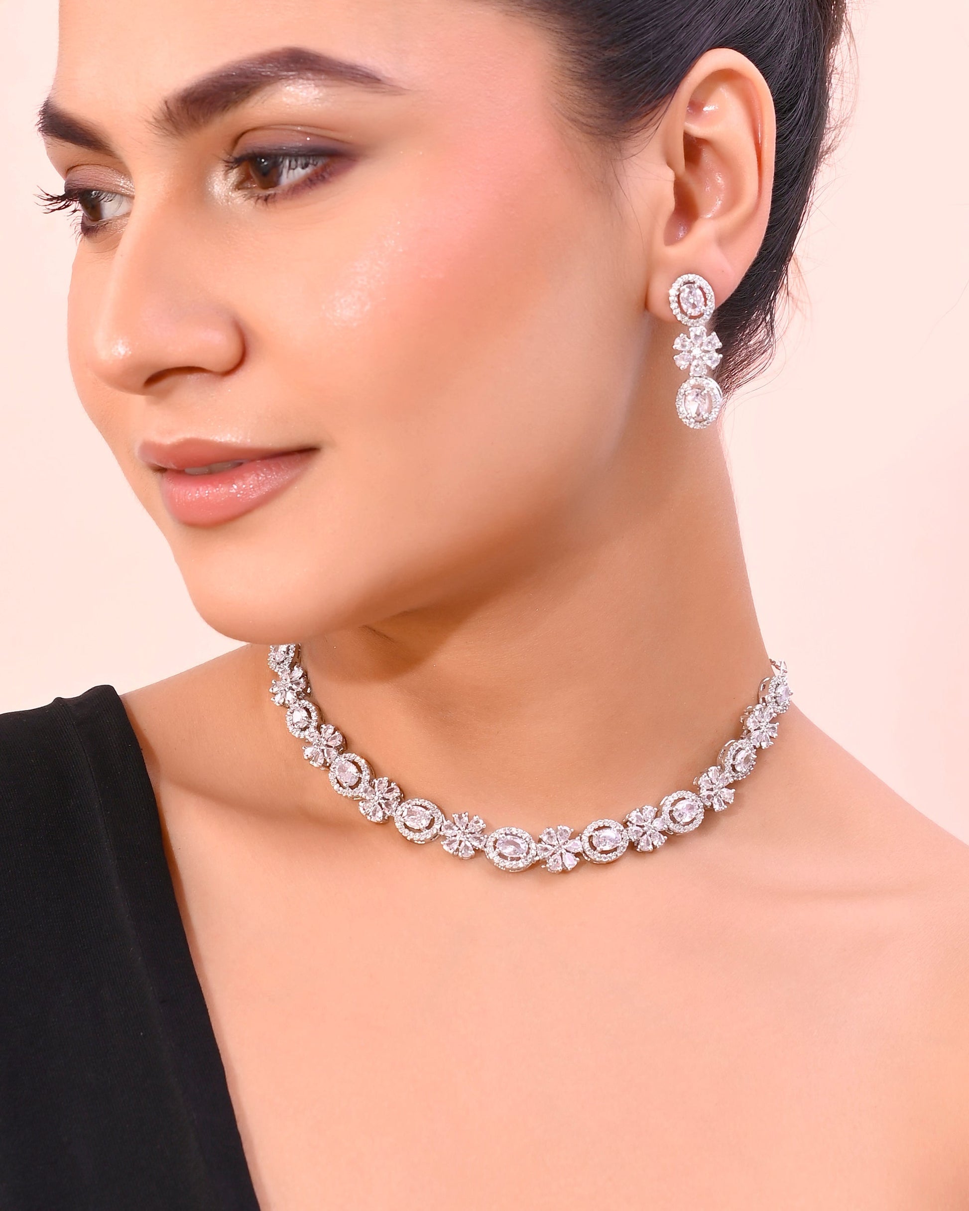 VOJ Silver-Plated AD-Studded Jewellery Set VOJ (Valley Of Jewellery)