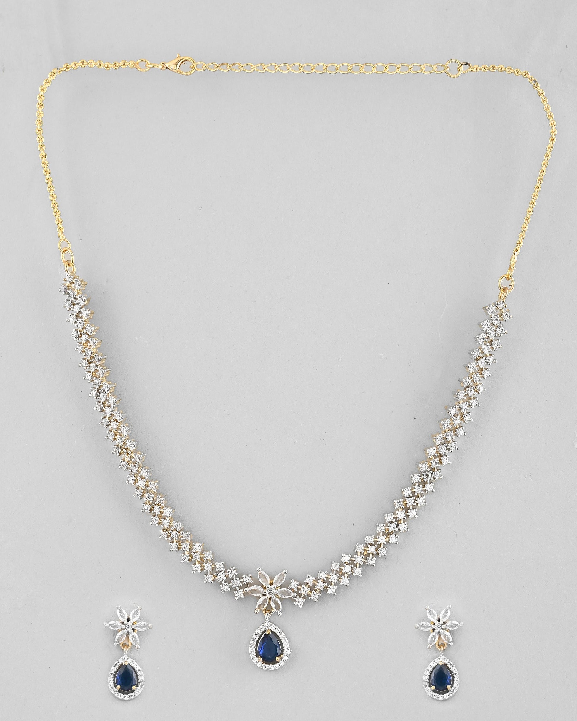 VOJ Gold-Polished White And Blue Colour AD-Studded Jewellery Set - Swadesiicart