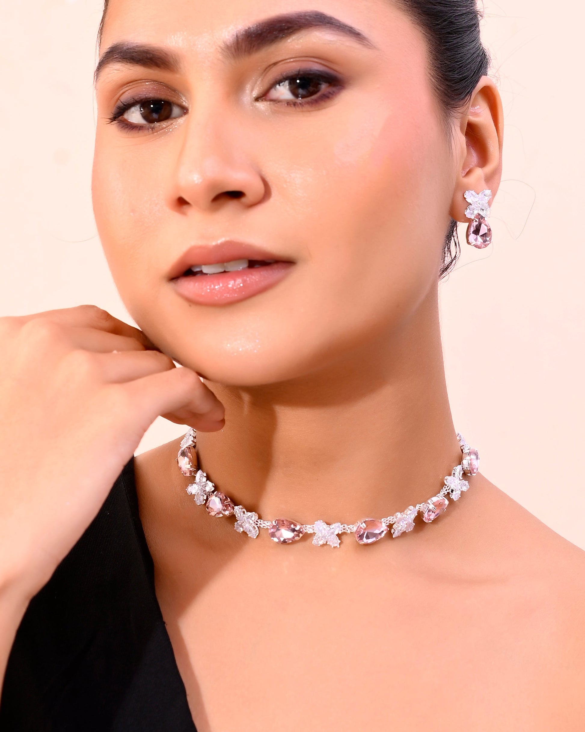 VOJ Silver Plated Pink And White Stone Studded Necklace with Earrings Set VOJ (Valley Of Jewellery)