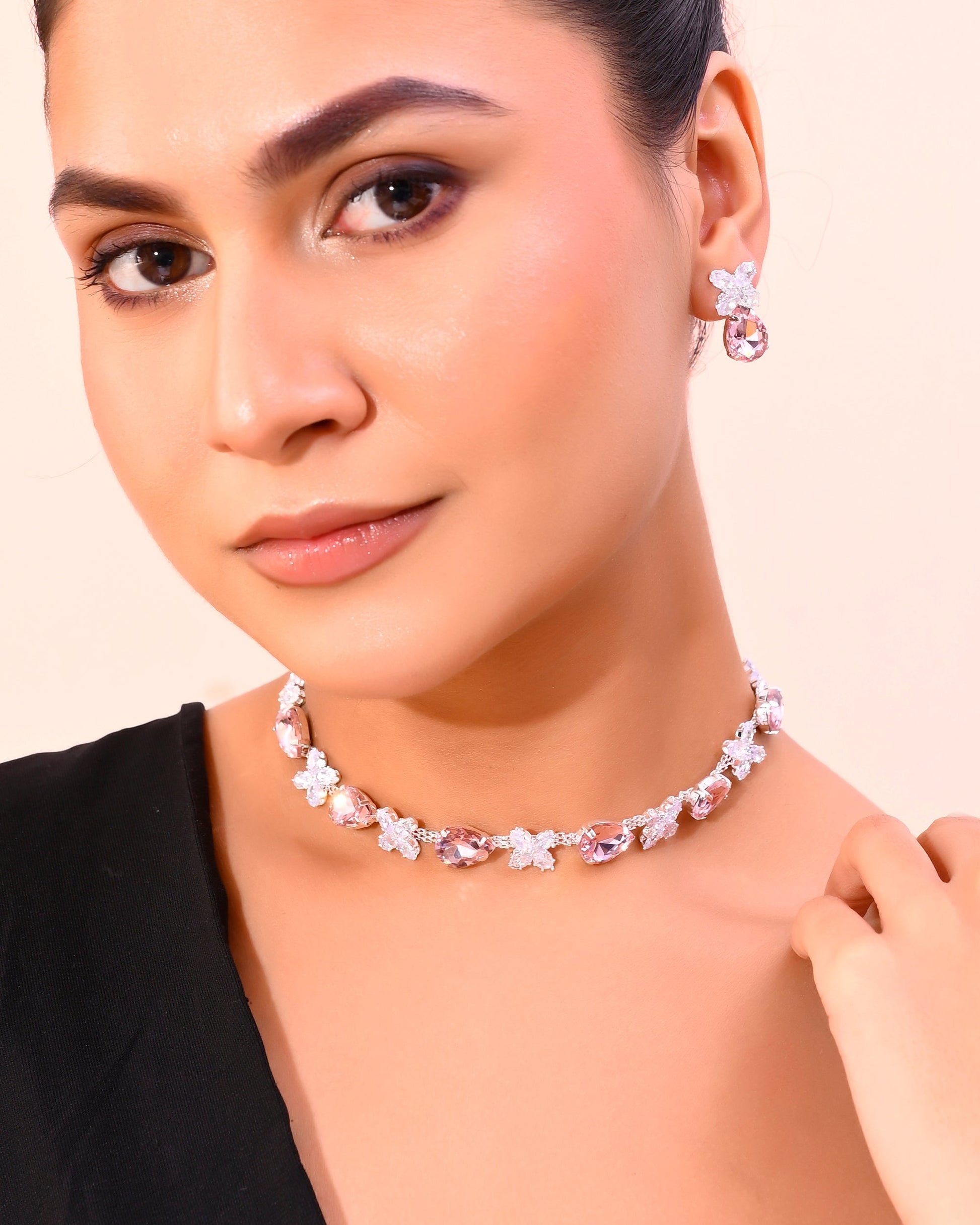 VOJ Silver Plated Pink And White Stone Studded Necklace with Earrings Set VOJ (Valley Of Jewellery)