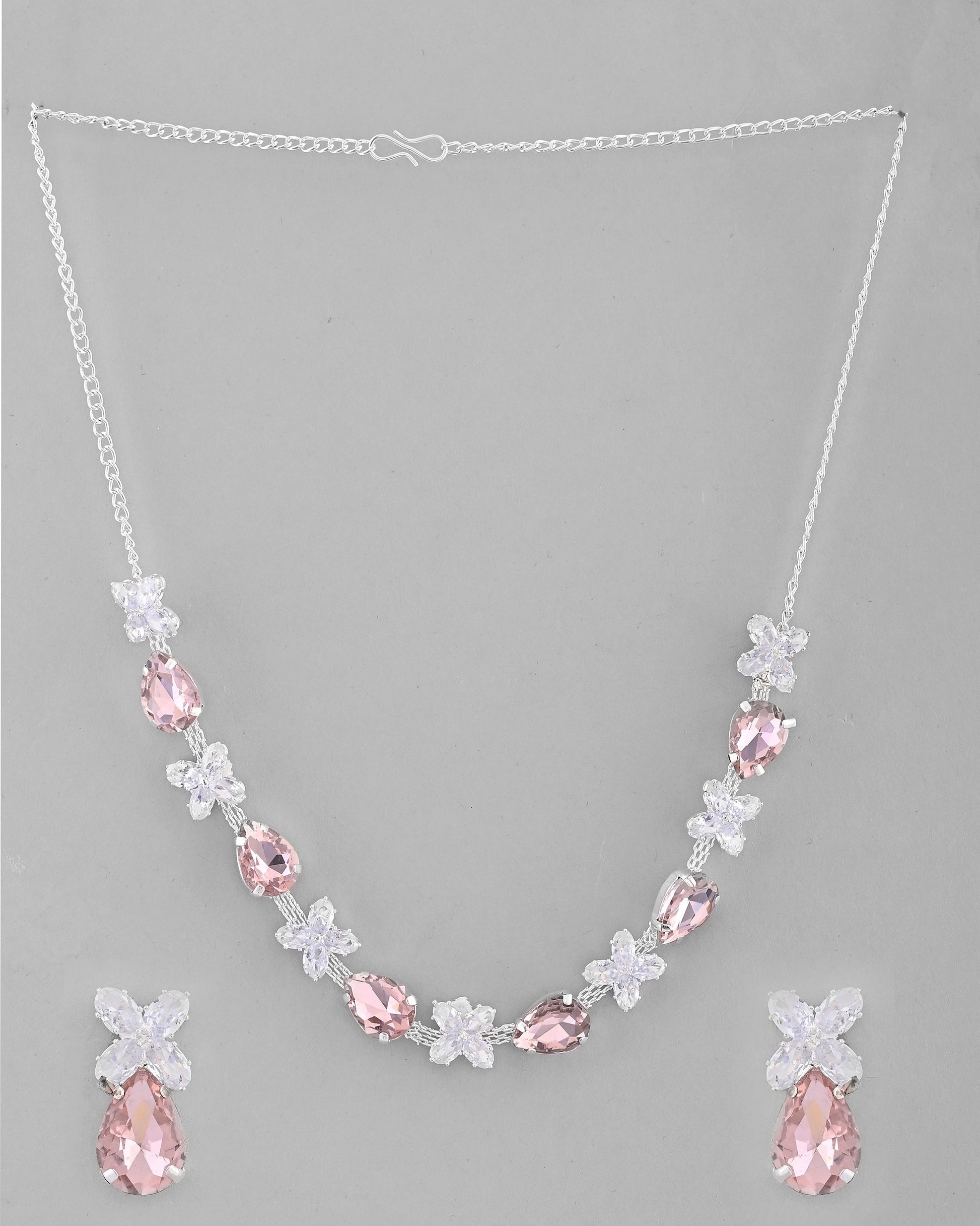 VOJ Silver Plated Pink And White Stone Studded Necklace with Earrings Set - Swadesiicart
