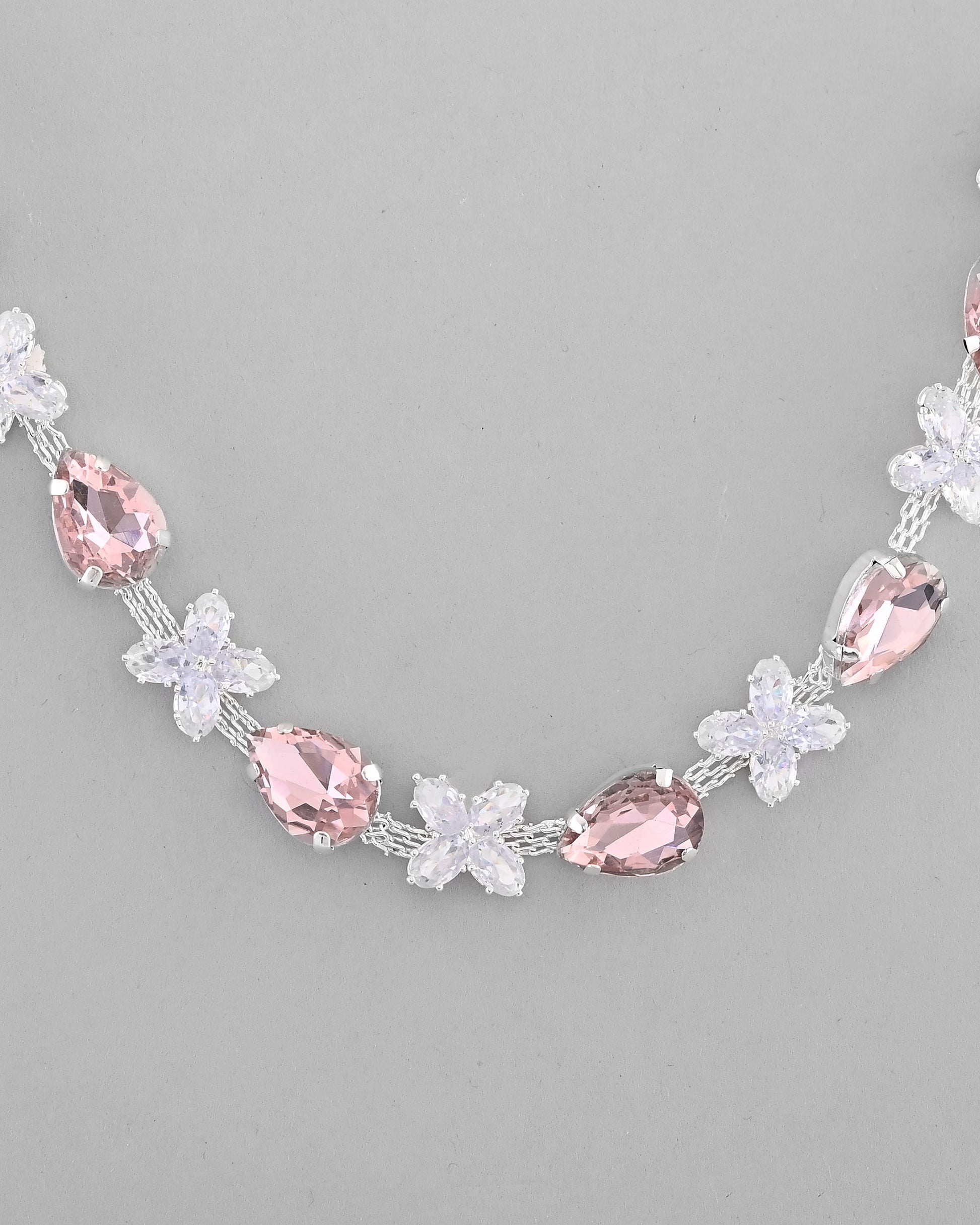 VOJ Silver Plated Pink And White Stone Studded Necklace with Earrings Set VOJ (Valley Of Jewellery)