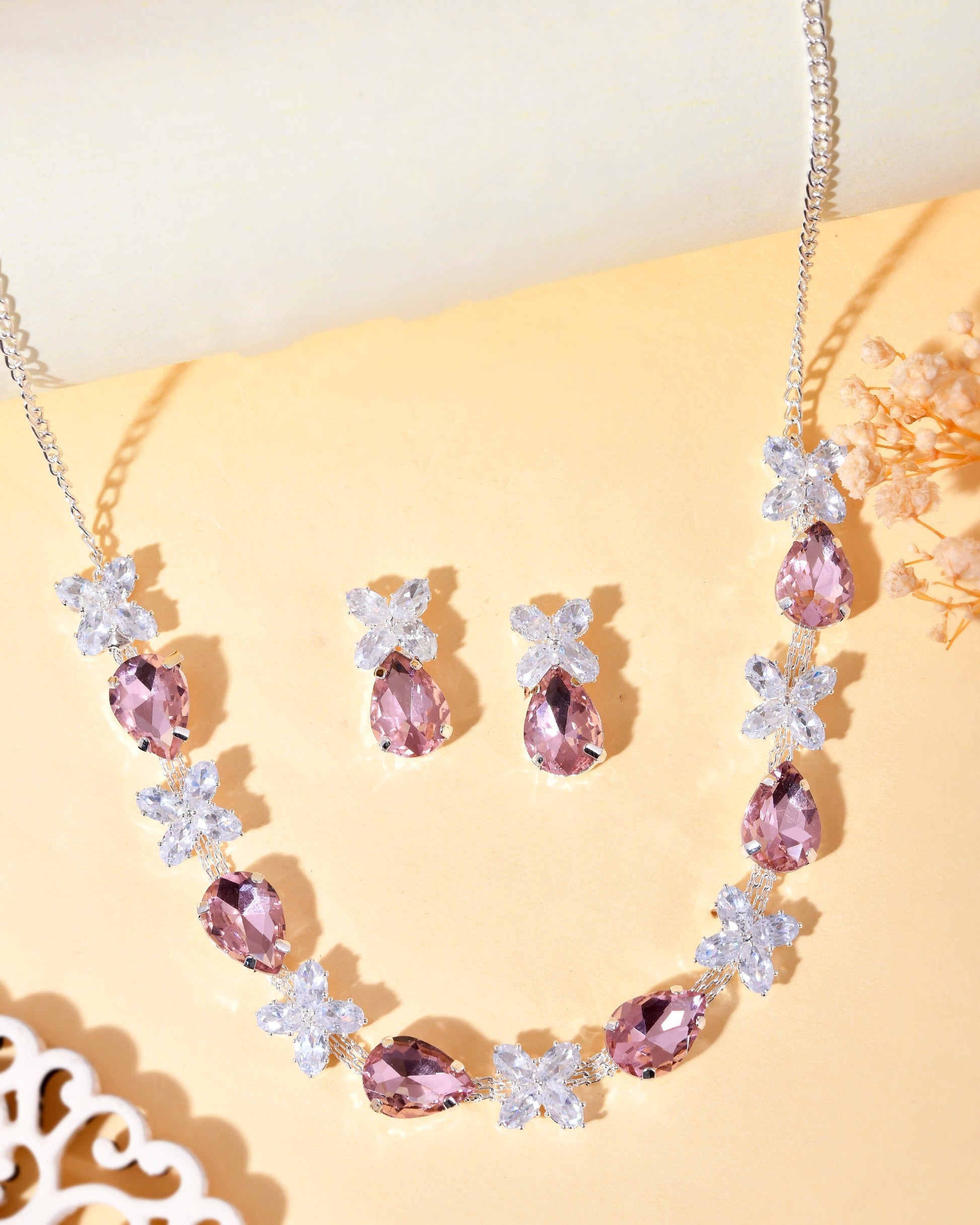 VOJ Silver Plated Pink And White Stone Studded Necklace with Earrings Set VOJ (Valley Of Jewellery)